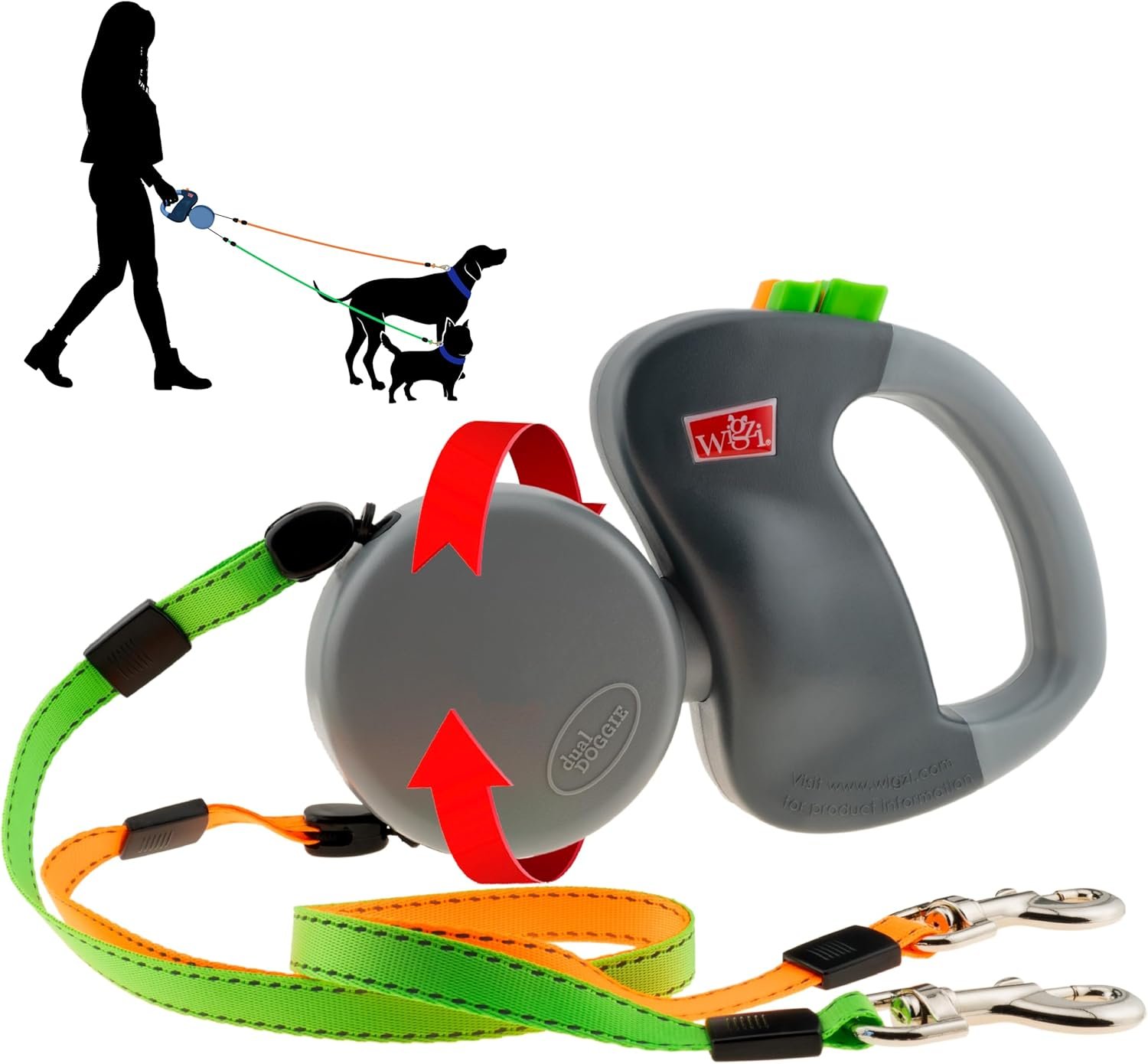 WIGZI (2) Two Dog Reflective Retractable Pet Leash – 360 Degree Zero Tangle Patent – Two Dogs Each up to 50 lbs and 10ft. Reflective Orange and Green Leads. Dual locking