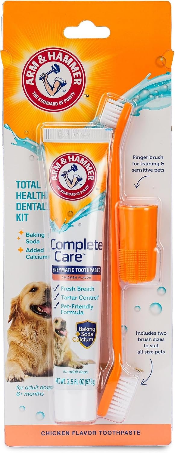 Arm and Hammer Complete Care Dog Dental Kit, Chicken Flavor, 2.5 Oz | Enzymatic toothpaste, toothbrush, and finger brush with baking soda and calcium for plaque and tartar control