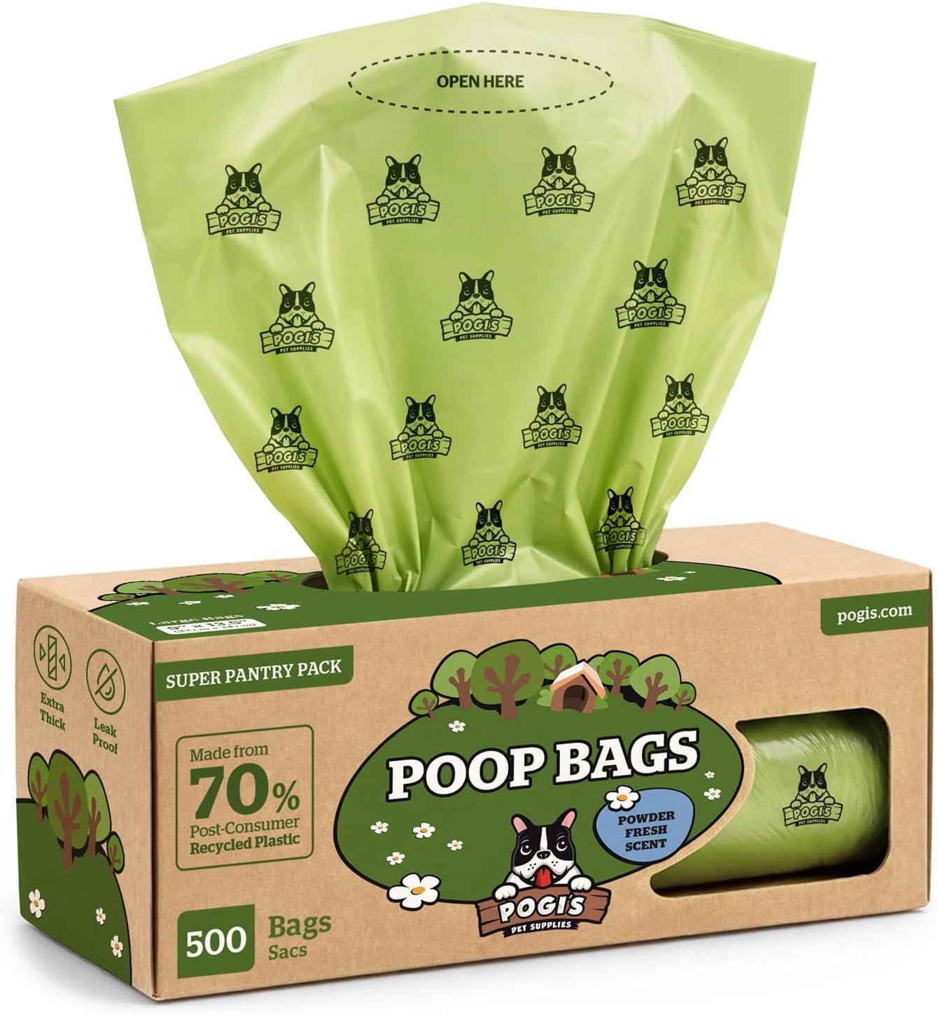 Pogi’s Poop Bags – Large, Leak-Proof Dog Waste Bags for Yard or Home Use, Fresh Scent (Single Roll, 500-Count)