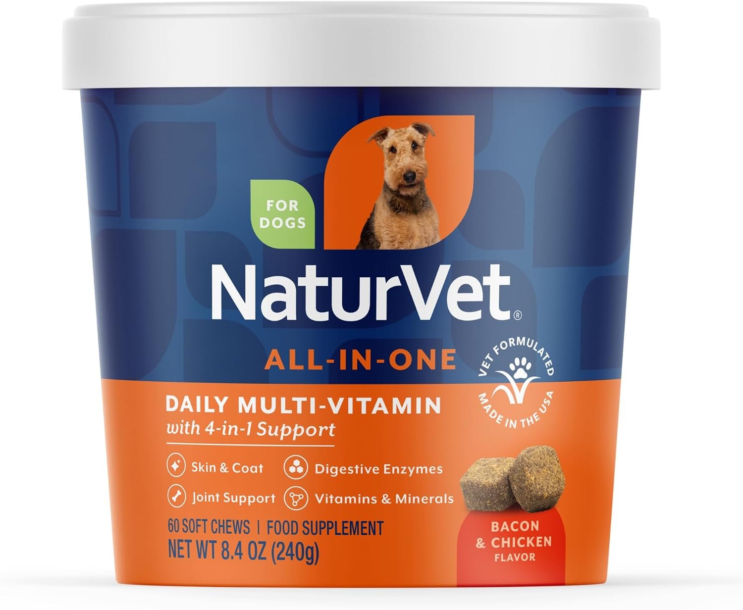 NaturVet All-in-One Dog Supplement Daily Multivitamin – 60 Soft Chews | Daily Multivitamin for Dogs – Supports Digestion, Skin & Coat with Omega-3, 6, 9 & Wheat-Free Formula