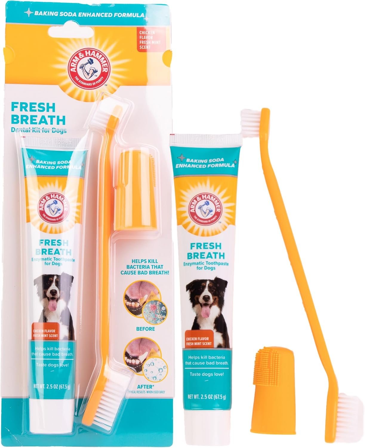 Arm & Hammer Enzymatic Dog Dental Care Kit, Chicken Flavor, 2.5 Oz Tube | Baking soda toothpaste, poultry flavor, double-sided toothbrush and finger brush included