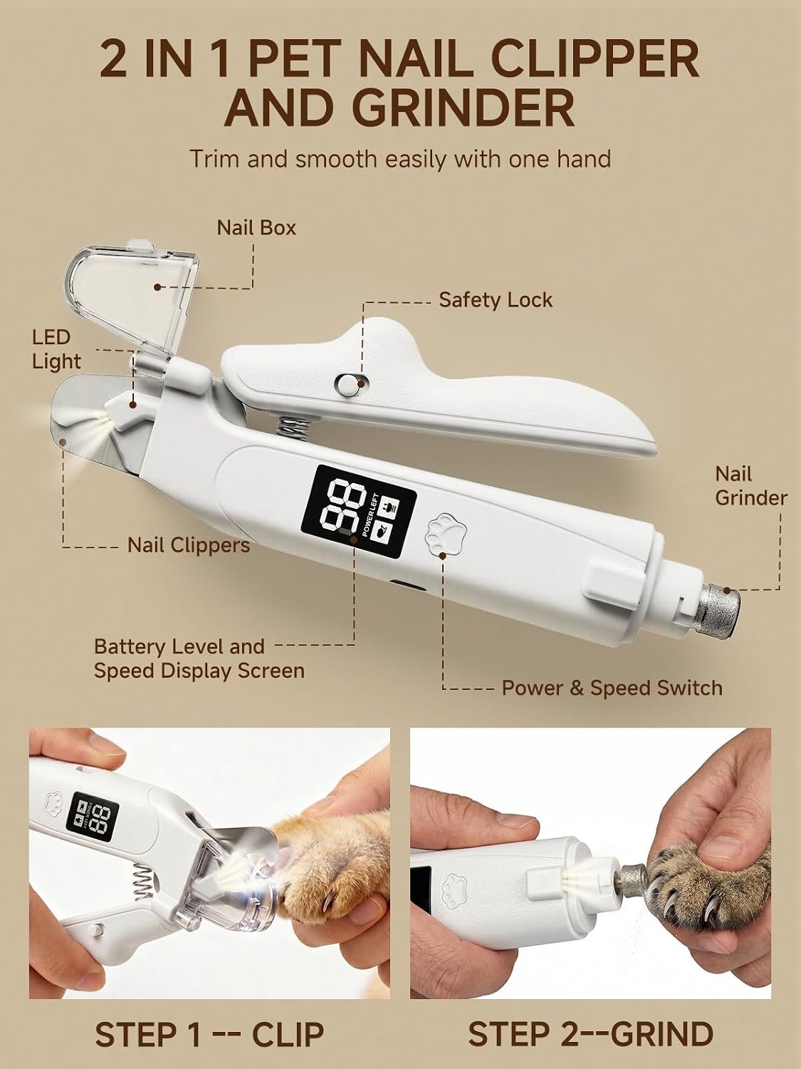 Dog Nail Clippers with Light, 2-in-1 Nail Clipper & Grinder Trimmer for Large Medium Small Dogs Cats, USB Rechargeable, Dual LED Quick Sensor & Safety Guard Portable Home Pet Grooming Tool