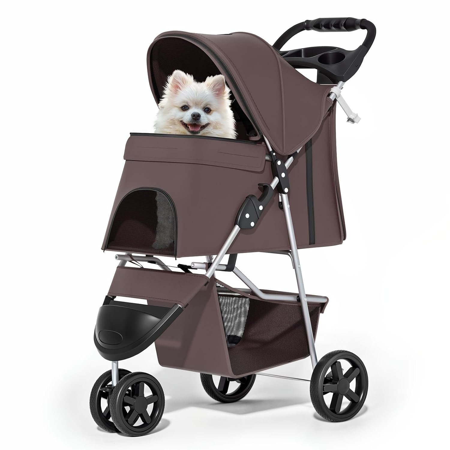 MoNiBloom Pet Stroller for Small/Medium Dogs and Cats up to 33 lbs, Coffee | Foldable Dog Stroller 3 Wheels Pet Strolling Cart w/ Storage Basket Cup Holder, Breathable and Visible Mesh for All-Season