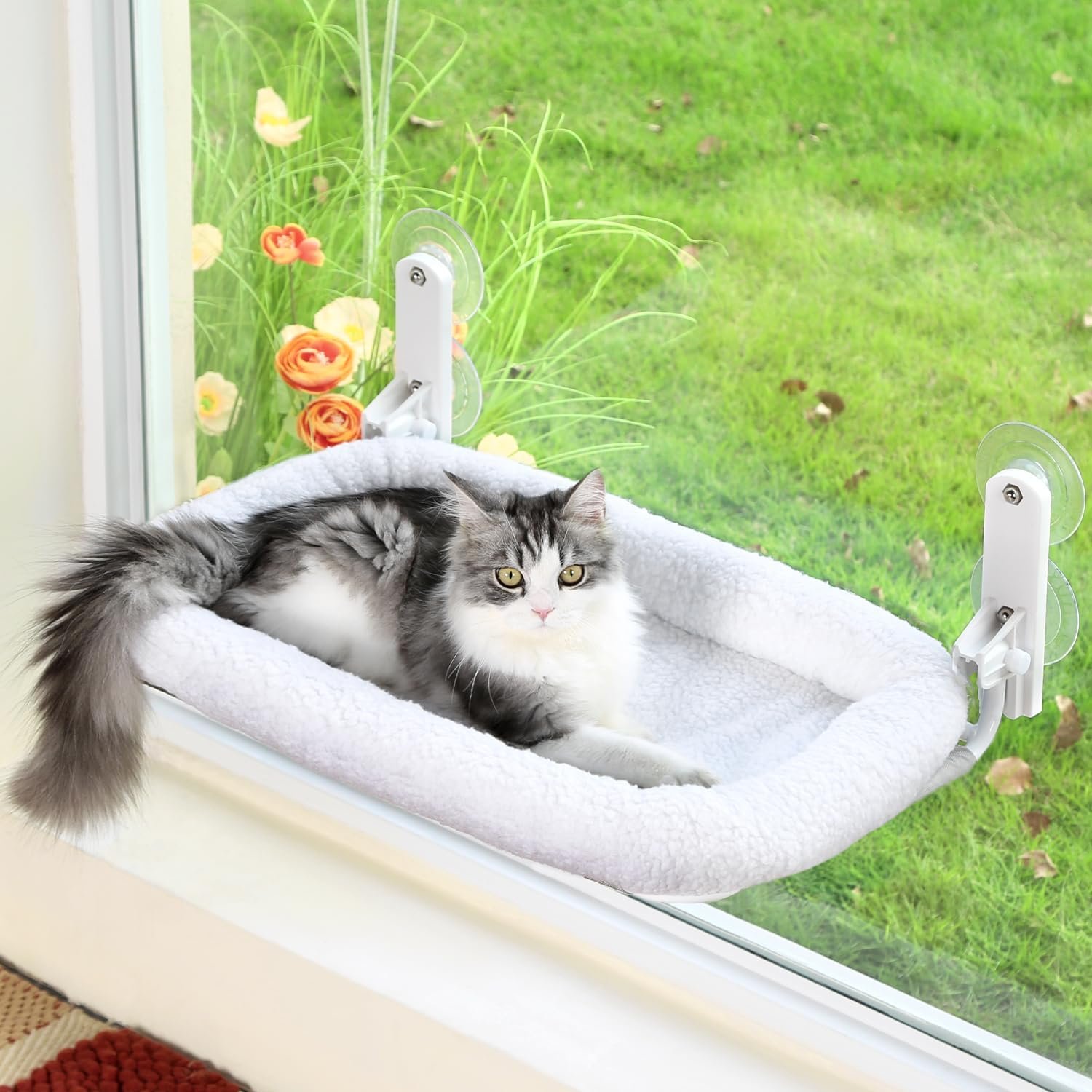 Zakkart Foldable Cat Hammock for Window – Cordless, Embeded Machine Washable Bed, Robust Metal Frame – Cat Window Perch for Large Cats and Kittens (White Bolster Bed, Large)