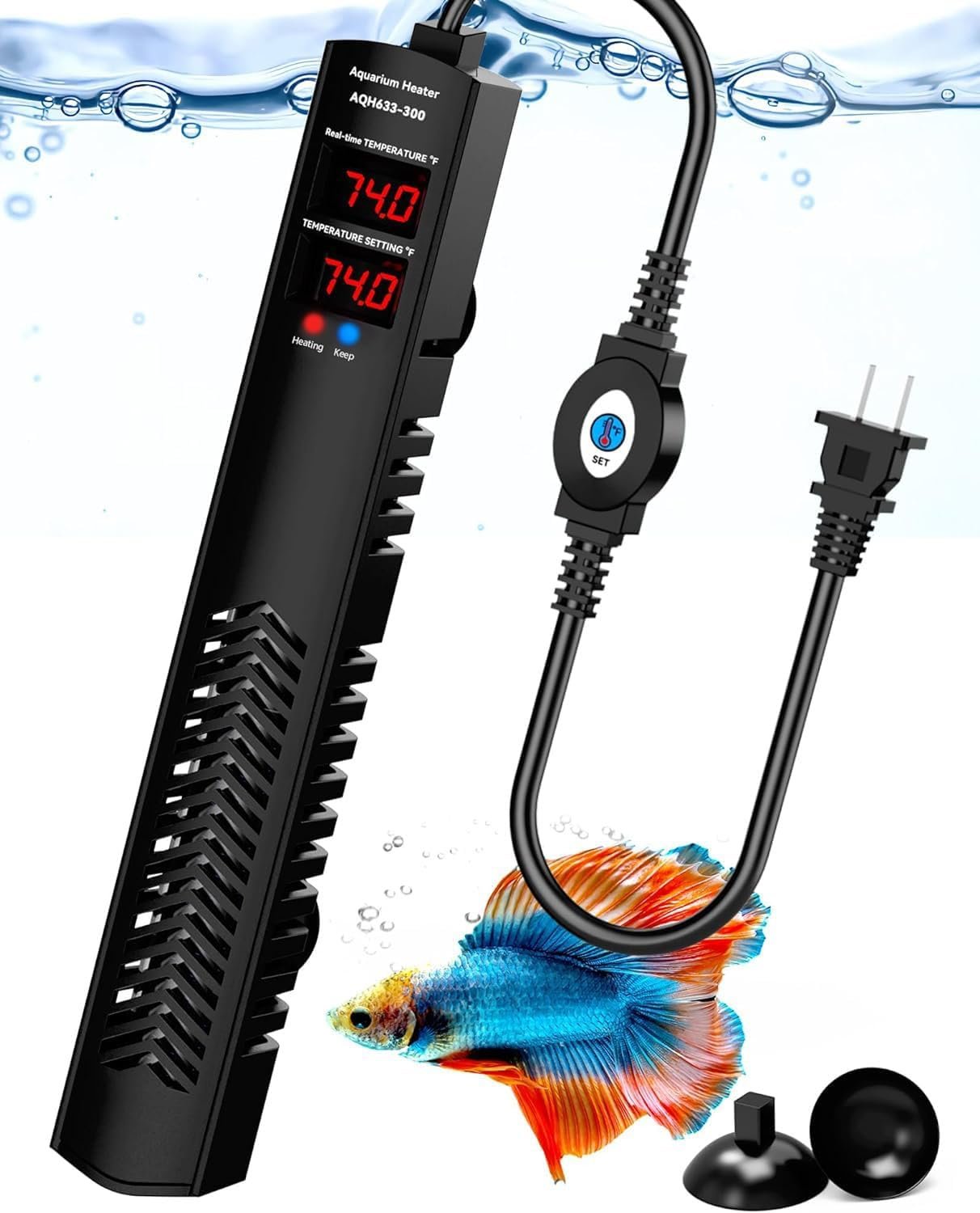 AHJ 300W Aquarium Heater for 40-75 Gallon Fish Tanks, Submersible Heater | Accurate Temperature Control, Overheat Protection, Auto Shut-Off, Fast Heating for Freshwater and Saltwater Aquariums