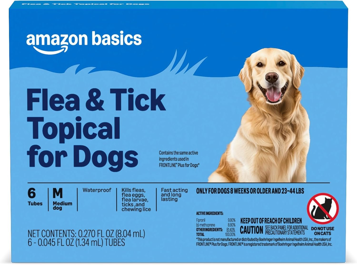 Amazon Basics Preventative Flea and Tick Topical Treatment for Medium Dogs (23-44 lbs), Up to 30 Days Protection, Fast Acting, 6 Counts, Packaging May Vary