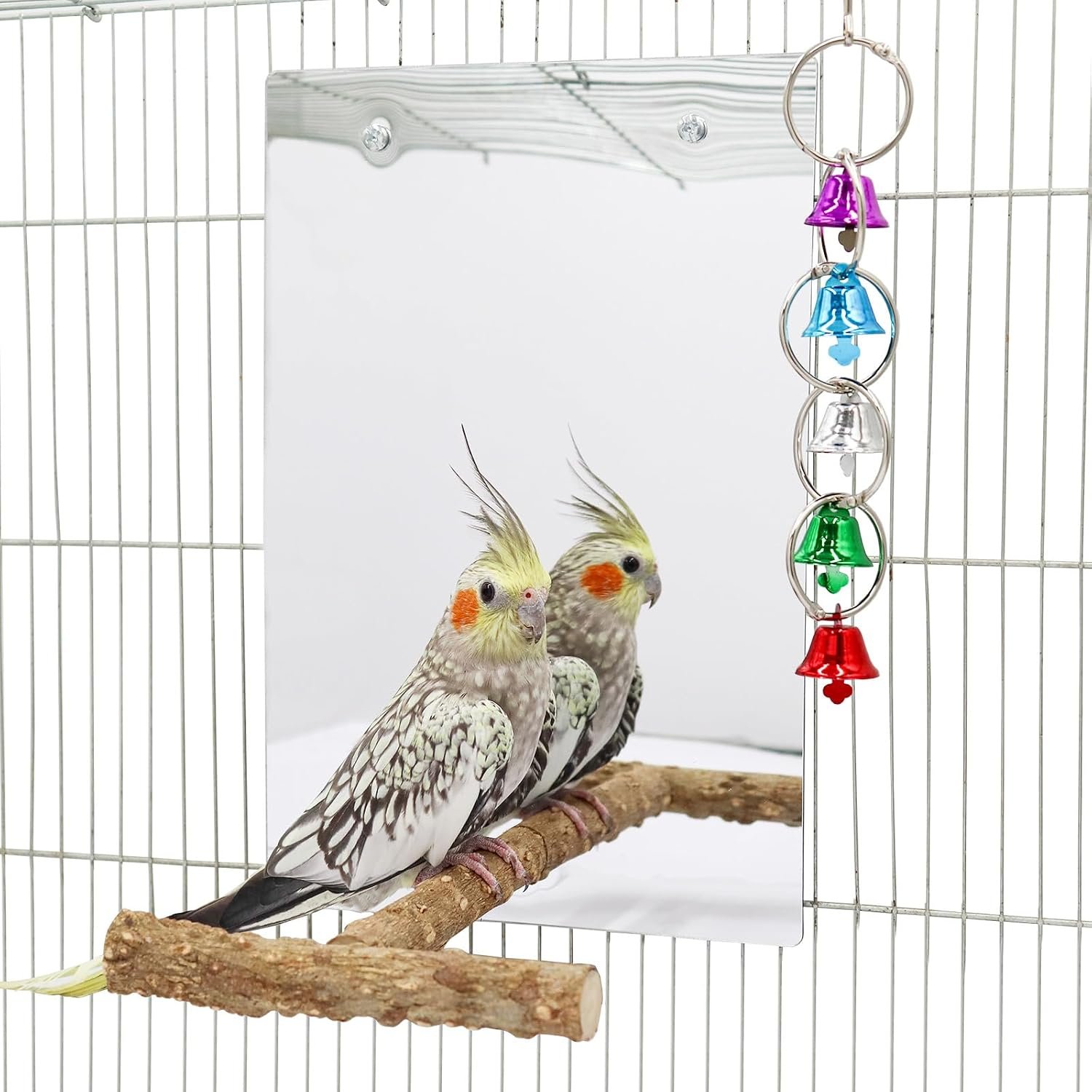 Oooct Large Bird Mirror Toy with Perch Stand, Parrot Parakeet Mirror with Bird Swing Bell Toys, Bird Cage Accessories, Suitable for Parakeet Cockatiel Conure Lovebirds – 11.8 × 7.9 Inch
