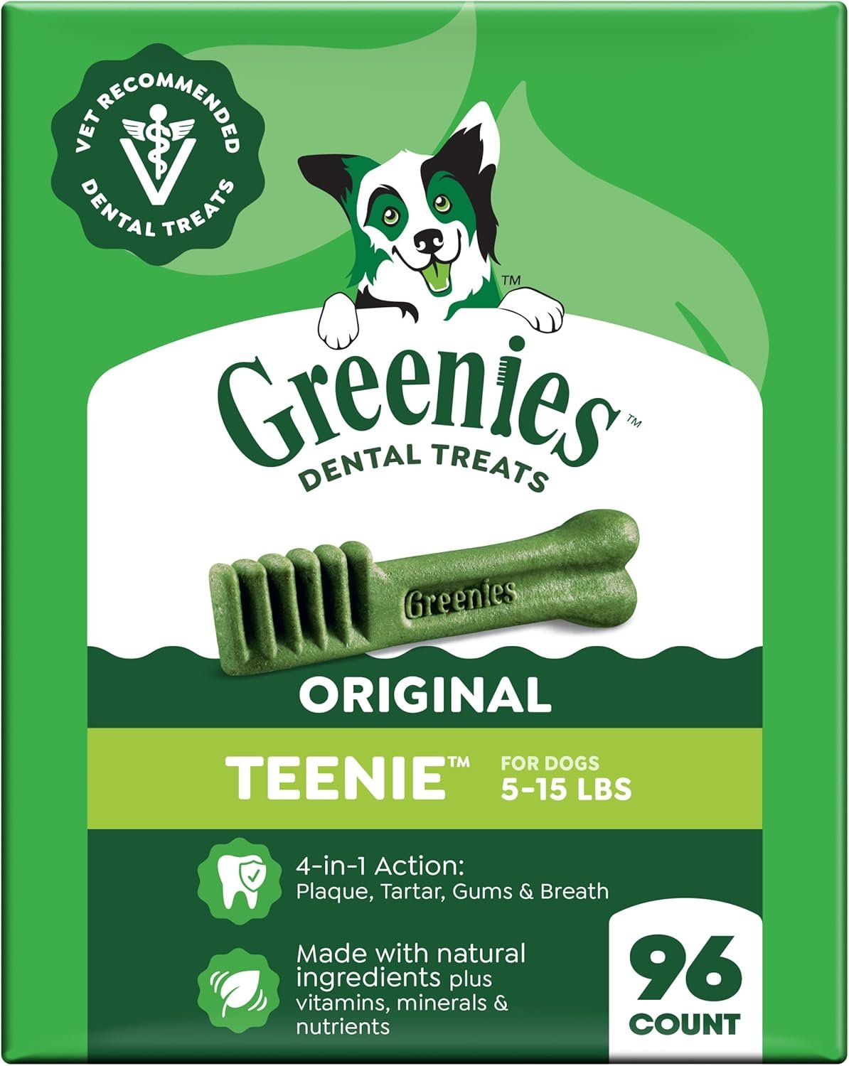 Greenies Teenie Original Natural Dental Dog Treats, Chicken, 96 Count | Vet-recommended, cleaner teeth after 28 days, cleans to gumline, for dogs 5-15 lbs, original chicken flavor