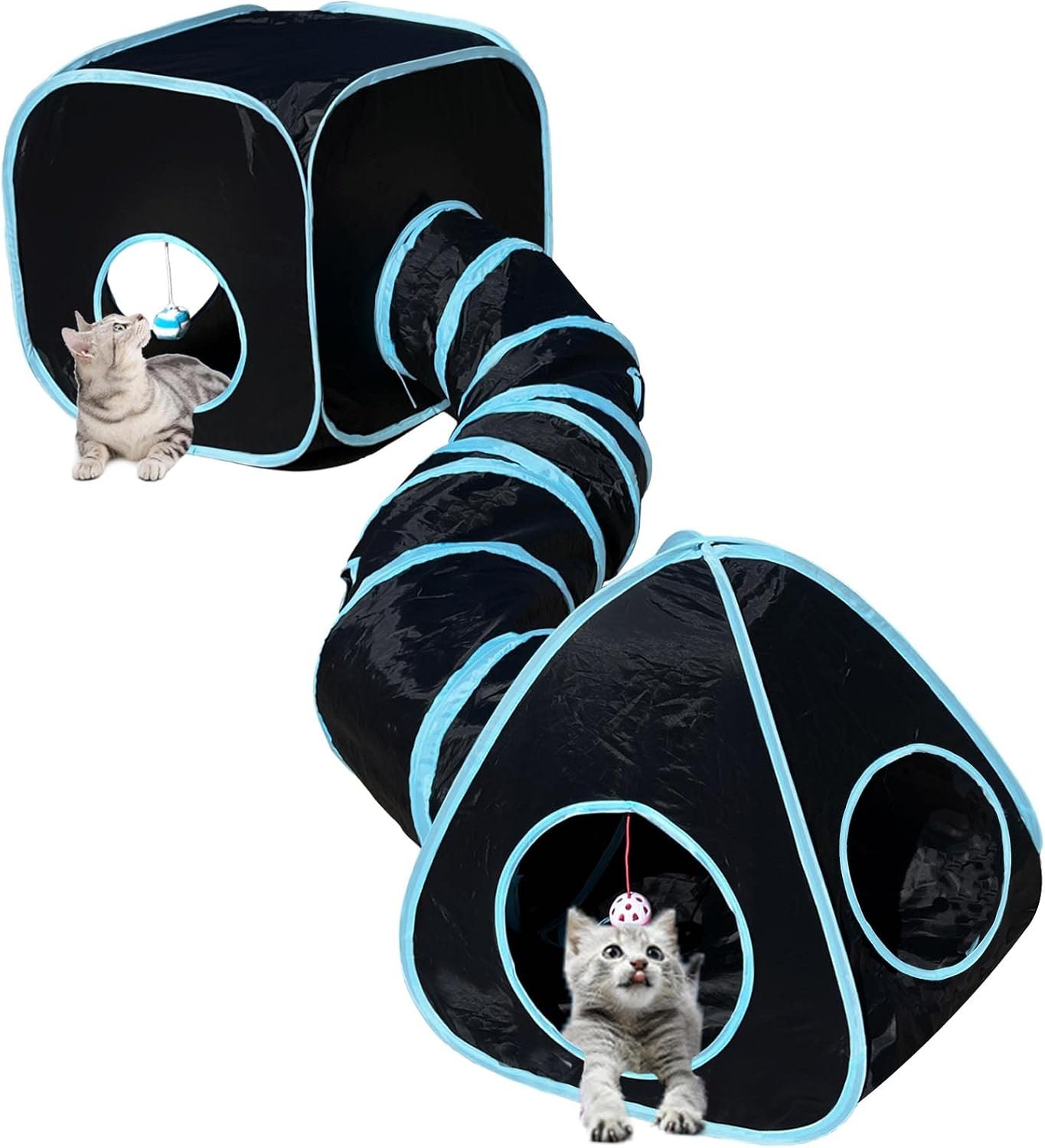 GONPETGP Cat Tunnels for Indoor Cats with Cube Tent Toys Combo, Pop Up Collapsible Crinkle Interactive Peek Hole, Cat Tube with Play Ball and Bell for Kitten, Puppy, Kitty, Rabbit – Set of 3
