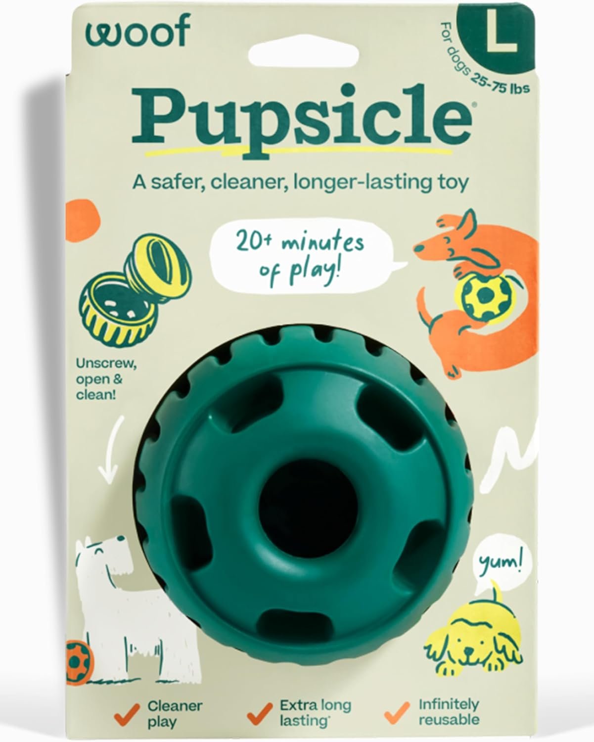 WOOF Pupsicle Interactive Dog Ball Toy for Dogs 25-75 lbs – Green | Long-lasting enrichment toy for medium/large dogs, easy-fill design, low-mess play, made of natural rubber, easy to clean