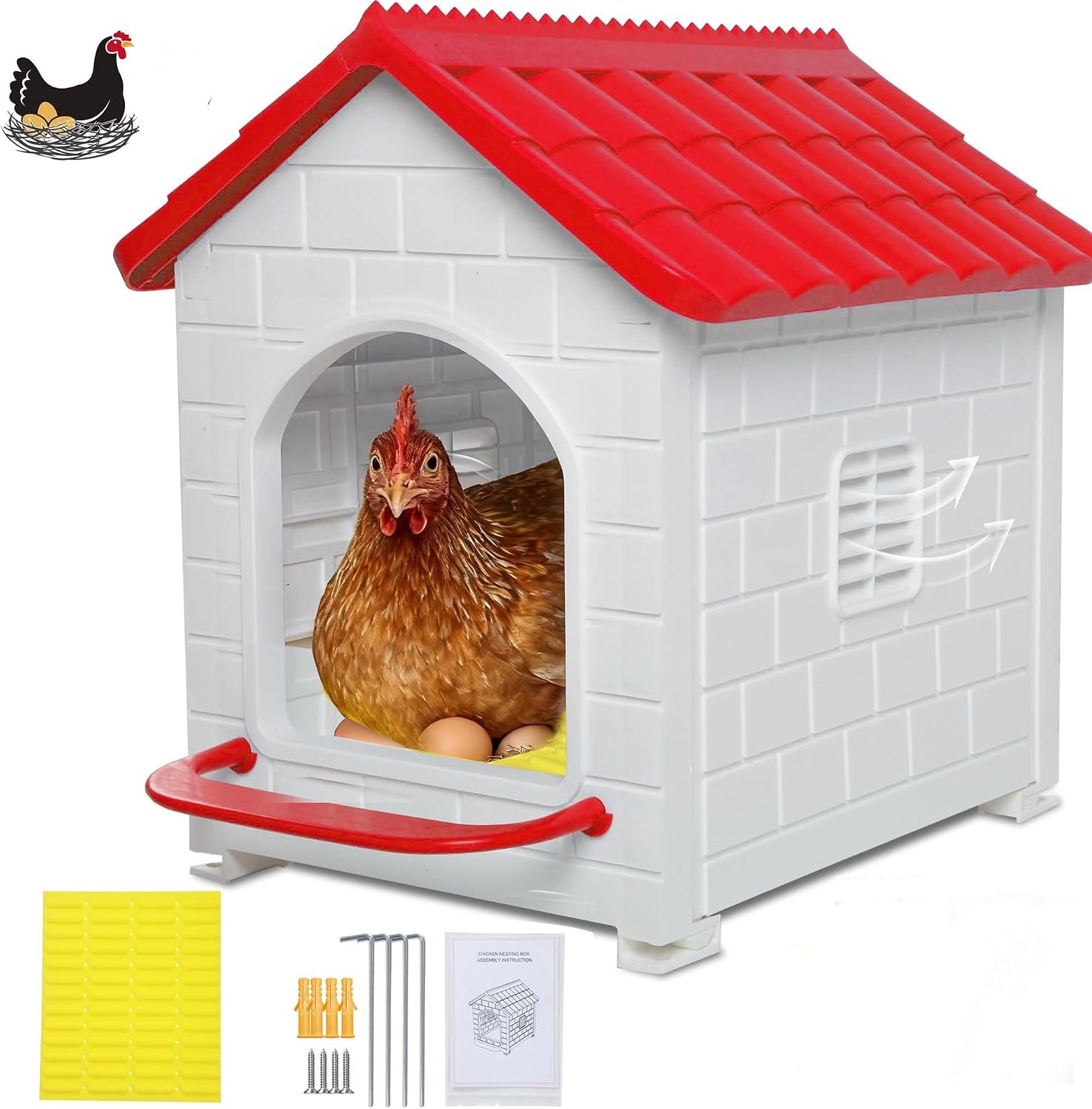 Nesting Boxes for Chicken, Large Single Compartment Chicken Nesting Boxes | 100% Waterproof Hens Nesting Box for Laying Eggs for Hens, Ducks and Poultry, Indoor & Outdoor Use(Red)