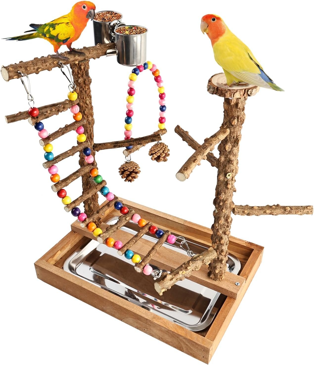GUTE Bird Perch Stand Playground Natural Wood for Cockatiel Budgie | Splinter-Free Smooth Finish,Dual-Structure Perch & Platform,Includes Swing & Ladder,Removable Tray,Easy Clean,Nail&Beak Care.