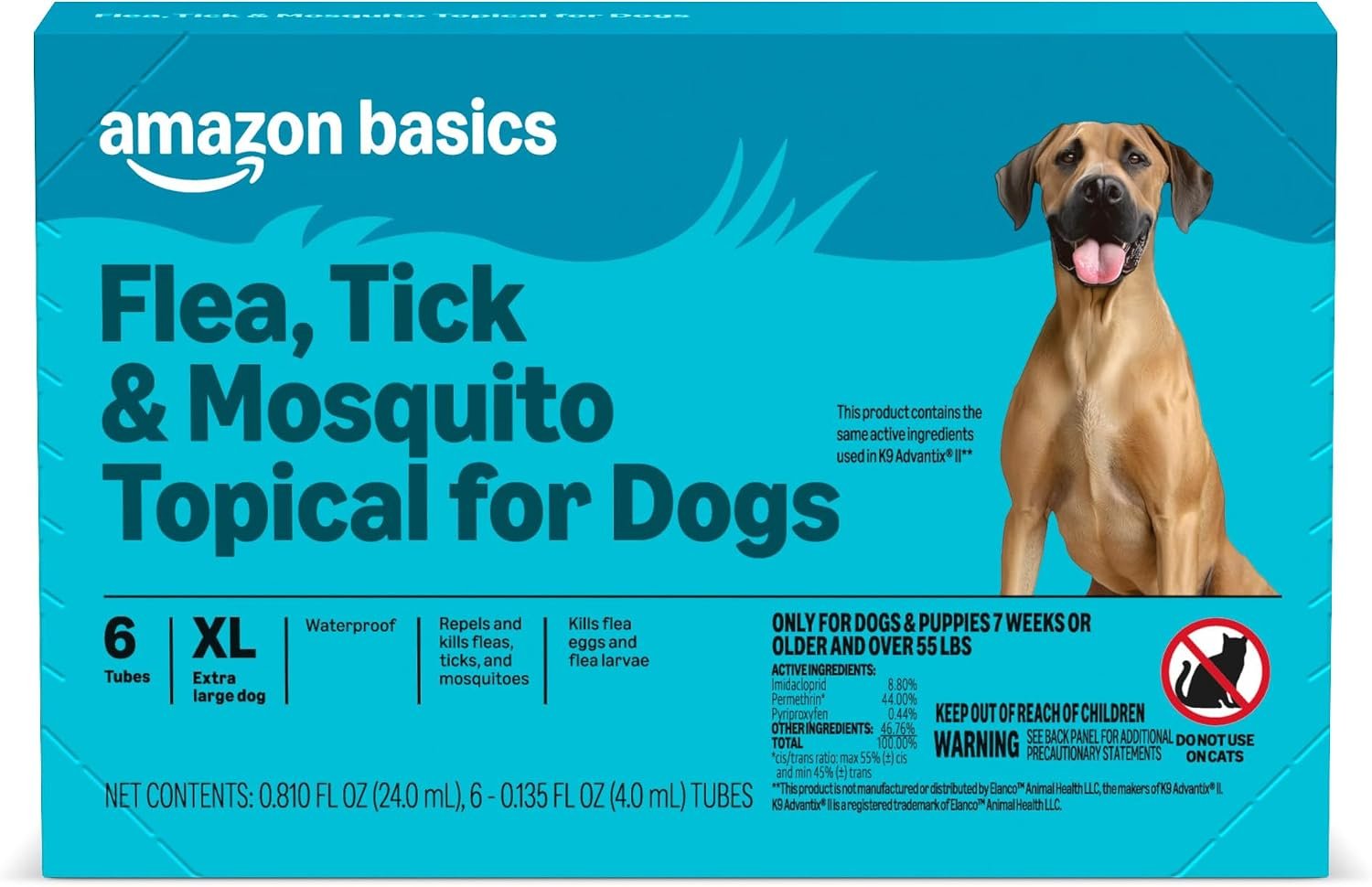 Amazon Basics Preventative Flea, Tick & Mosquito Topical Treatment for X-Large Dogs (Over 55 pounds), Kills Fleas, Long-Lasting, 6 Count, Packaging May Vary