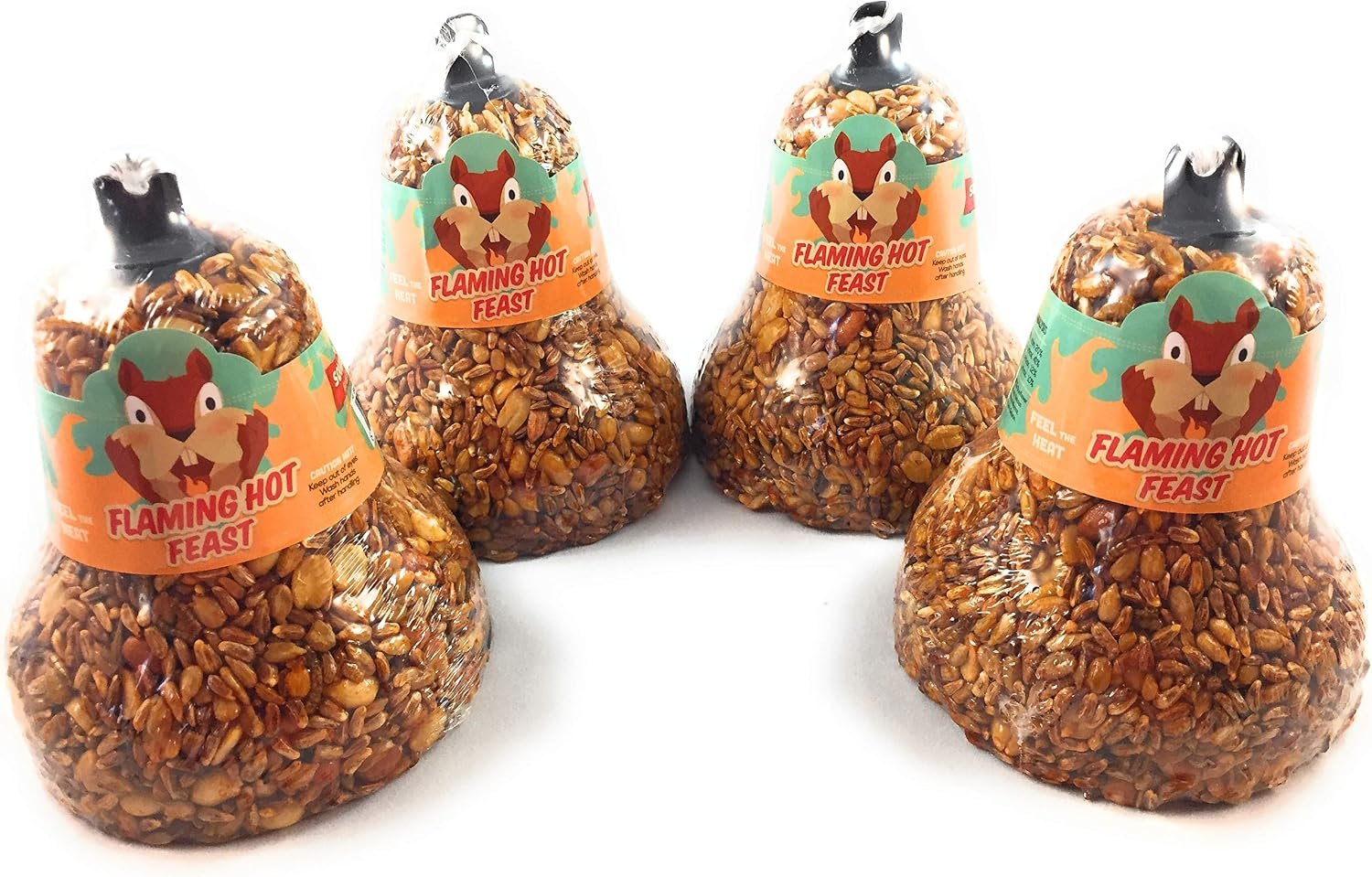 Mr. Bird Flaming Hot Feast Spicy Bird Seed Bell, 4-Pack | Premium Blend of Mealworms, Peanuts & Hot Pepper | Squirrel Repellent Bird Seed | Handcrafted in Texas