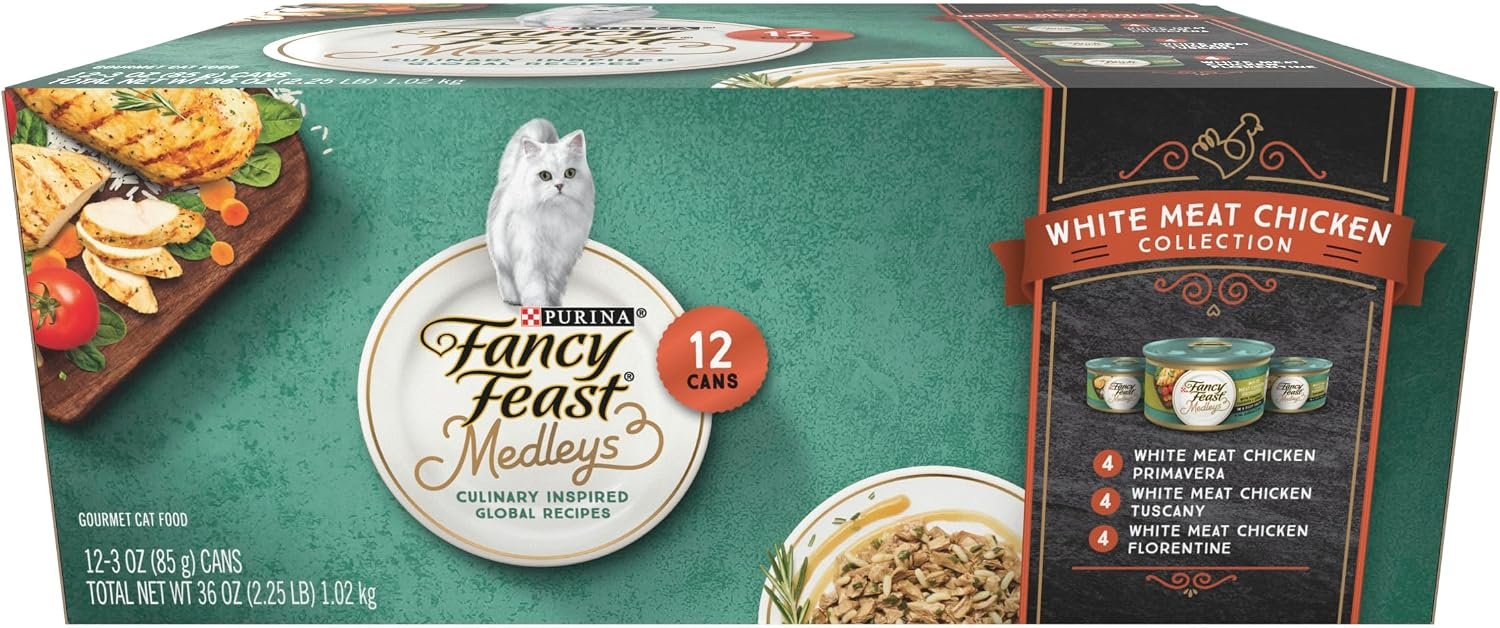 Purina Fancy Feast Medleys White Meat Chicken Wet Cat Food, 3 oz, 30-Pack | Variety Pack of tasty White Meat Chicken Florentine, Tuscany and Primavera recipes, 100 percent complete and balanced