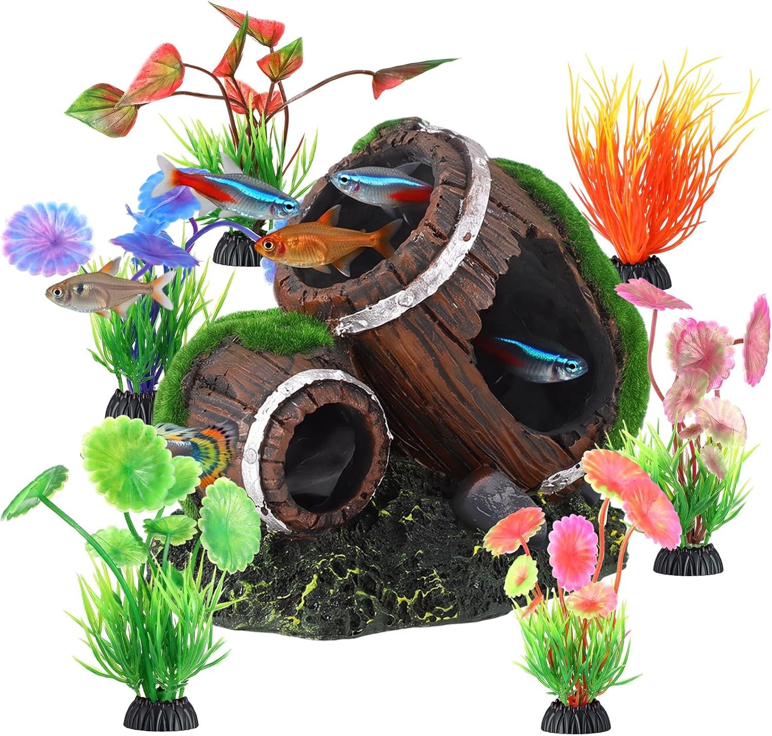 7 Pcs Fish Double Broken Barrel Aquarium Decorations Set, Cave Hide Resin Fish Tank Decor Kit, Including Dual Broken Barrel, 6 Aquatic Plants, Freshwater Small & Medium Pond Ornaments