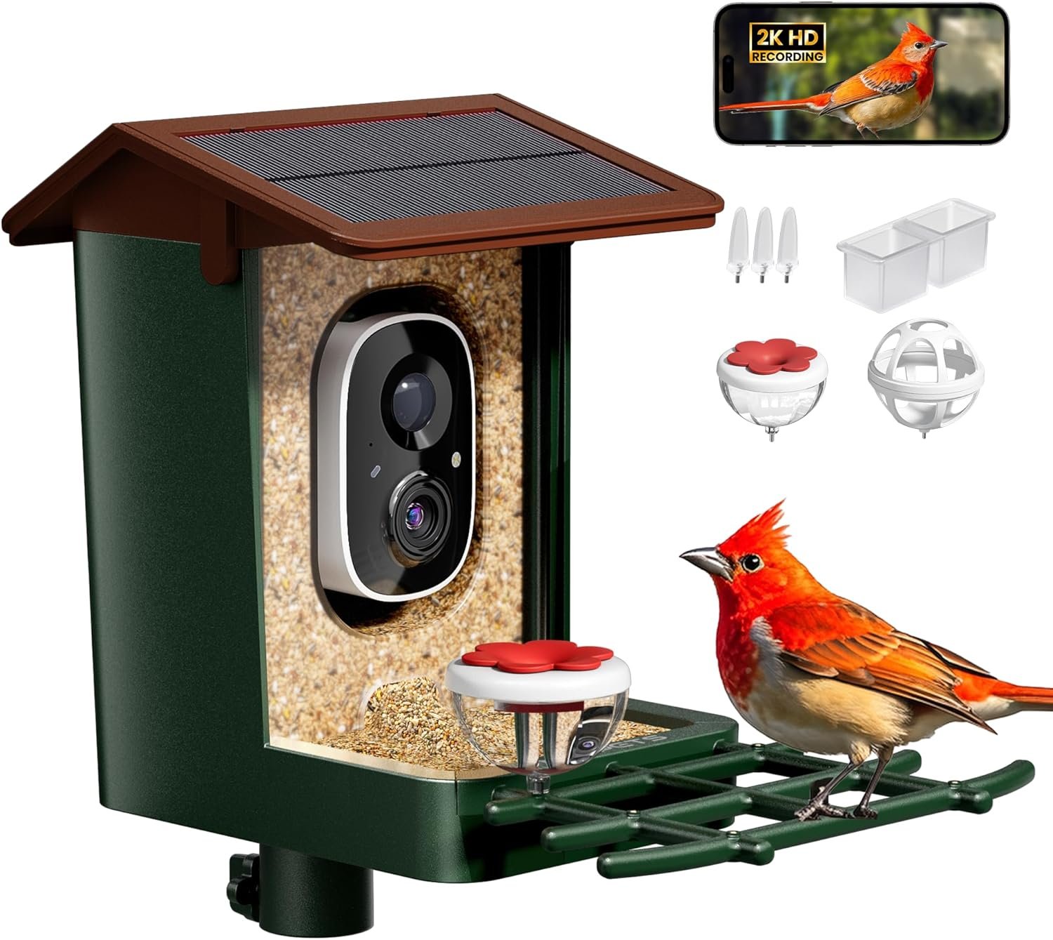 Smart Bird Feeder with Camera Solar Powered 2K HD Video, 10,000+ Species AI Recognition, Real-Time App Alerts, and Weatherproof Design for Effortless Birdwatching, Gift for Bird Lovers, Green Brown