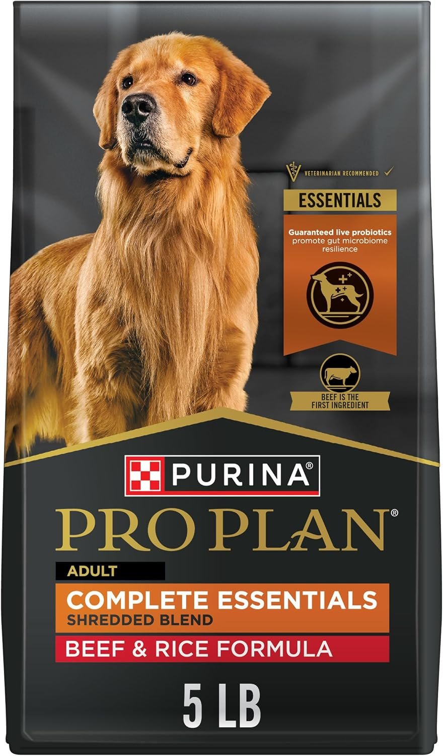Purina Pro Plan Complete Essentials Shredded Blend Beef and Rice Dog Food Dry Formula with Probiotics for Dogs – 5 lb. Bag