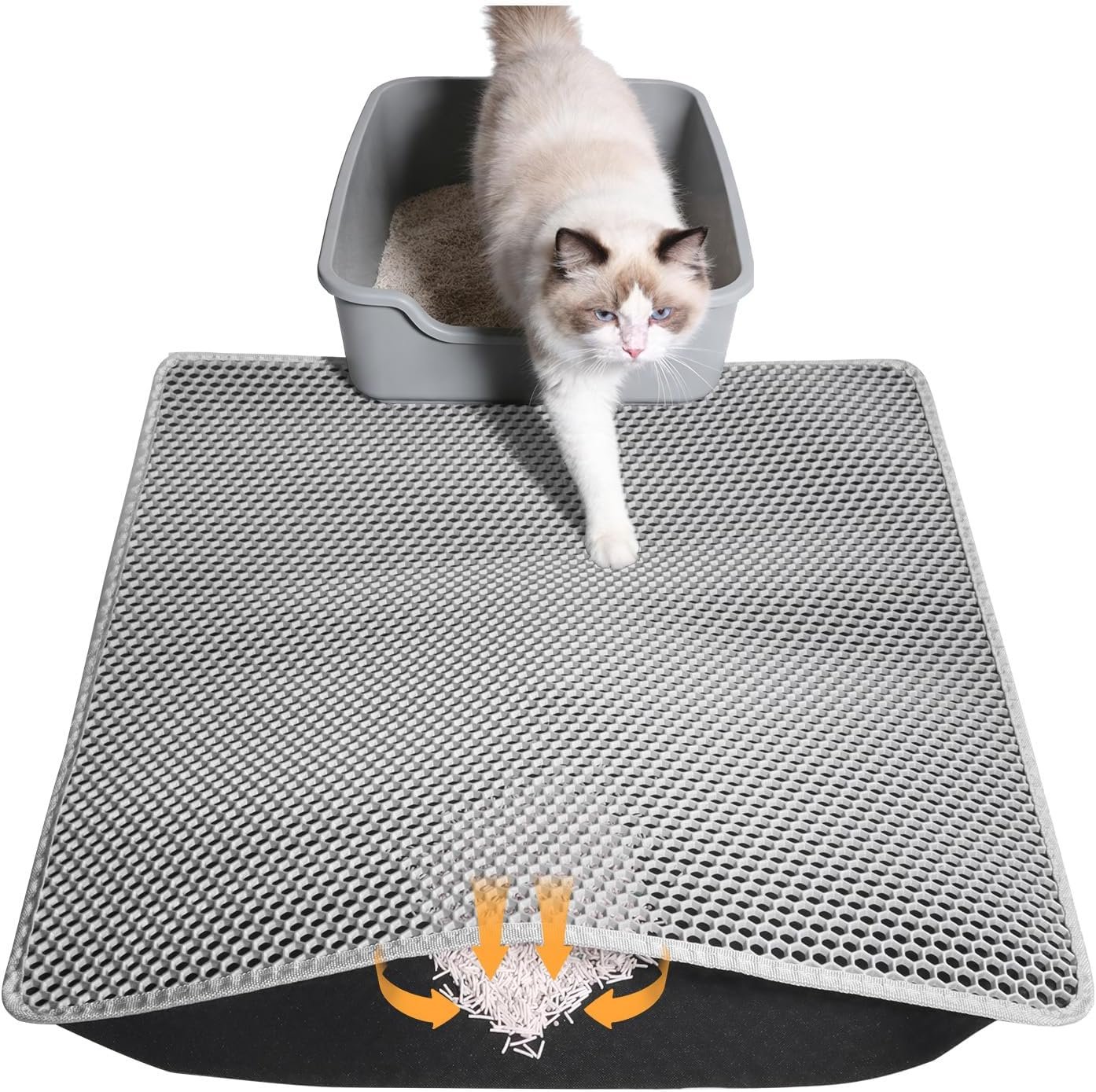 Cat Litter Mat 24″x15″, Double Layer Waterproof Litterbox Mat, Gray | Non-slip backing, washable for easy cleanup, traps stray litter with waterproof honeycomb large grid that is urine-proof.