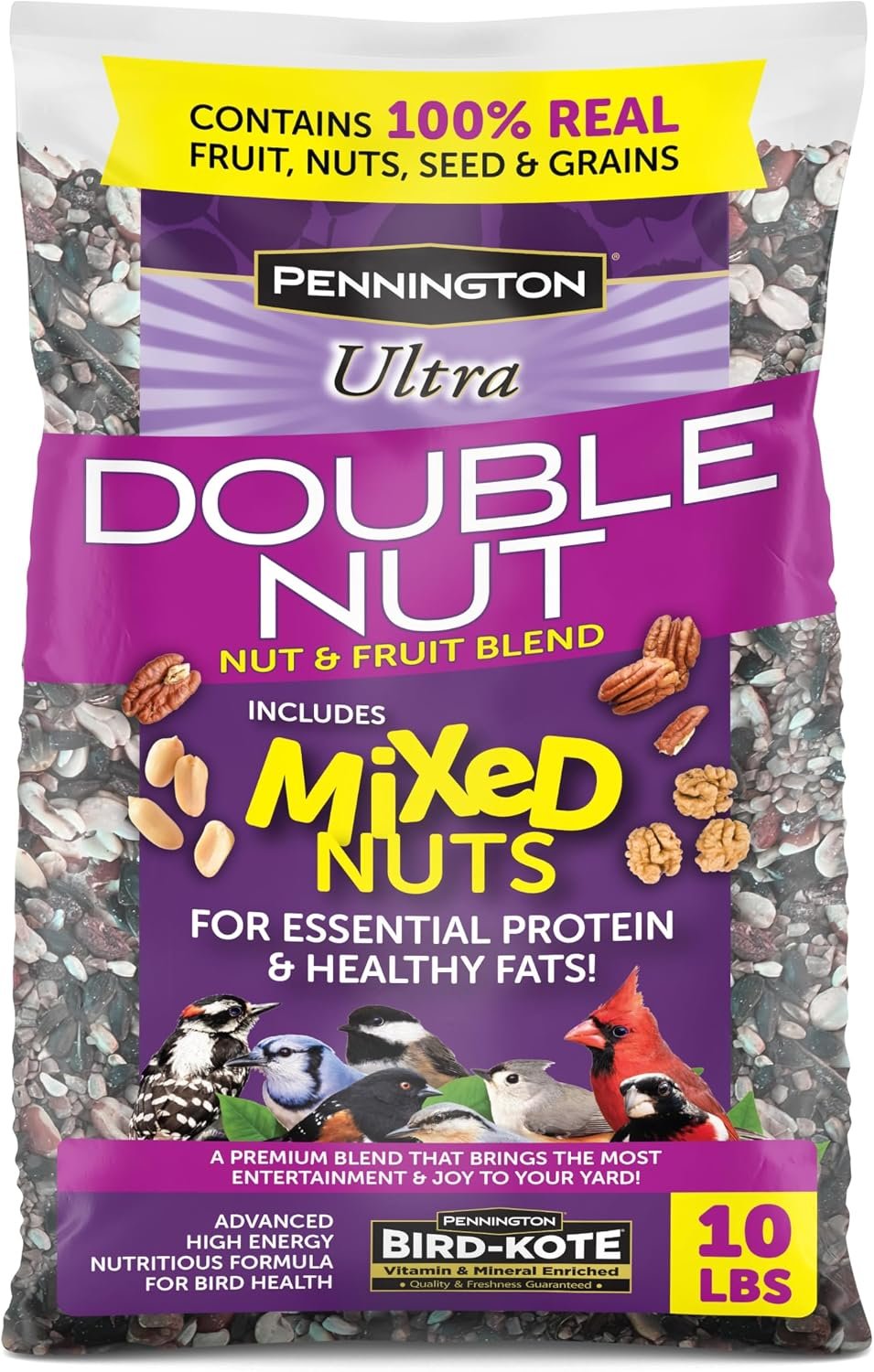 Pennington Ultra Double Nut, Nut & Fruit Blend 10lbs | Fruit and nut bird seed, mixed nuts and real fruit, compatible with tube, hopper, platform and gazebo feeders