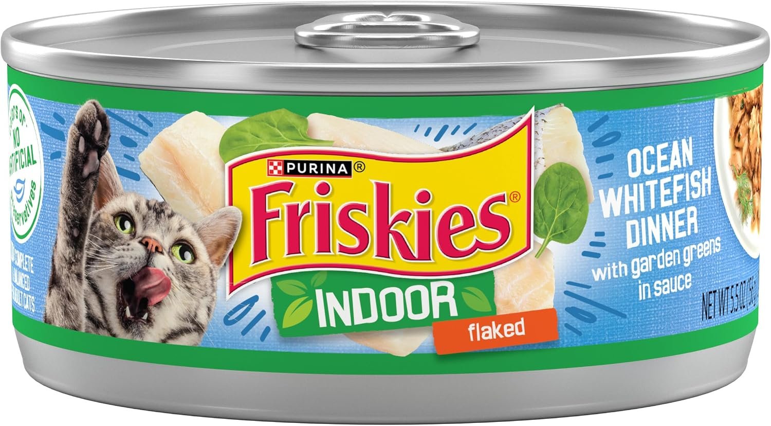 Purina Friskies Indoor Cat Food Flaked Ocean Whitefish Dinner With Garden Greens in Sauce – (Pack of 24) 5.5 oz. Cans