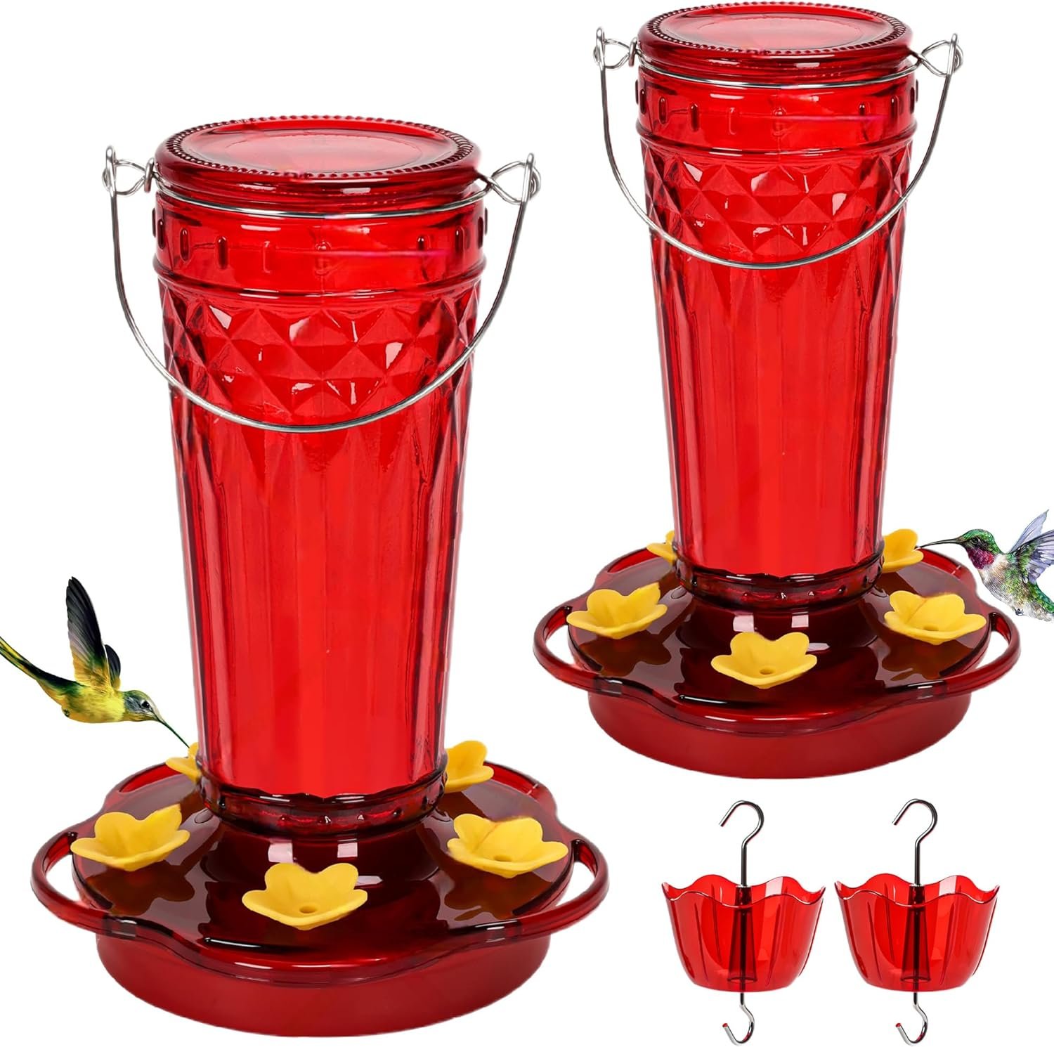 2 Pack Glass Hummingbird feeders for Outdoors 14Ounces，5 Feeding Ports Hummingbird Feeder,Wide Mouth for Easy Filling/Cleaning，Hanging for Garden Backyard Decor, Includes Ant Moat (Red，2Pack)