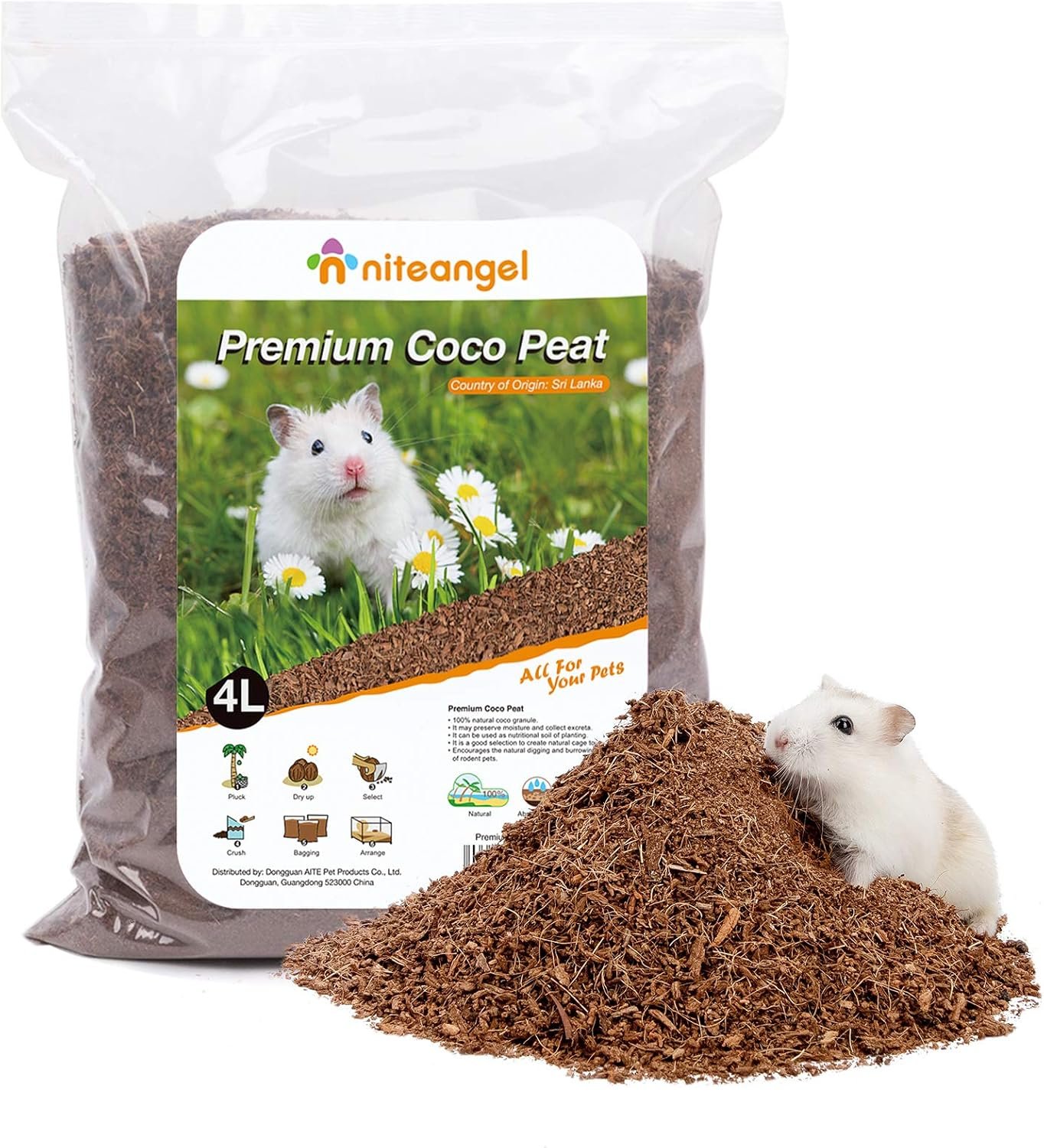 Niteangel Natural Coco/Cork Hamster Bedding: 4L Absorb Odors & Low Dust | Encourages Digging & Burrowing Instinct – Pet Litter for Dwarf Syrian Hamsters Gerbils mices Degus or Other Small Animal