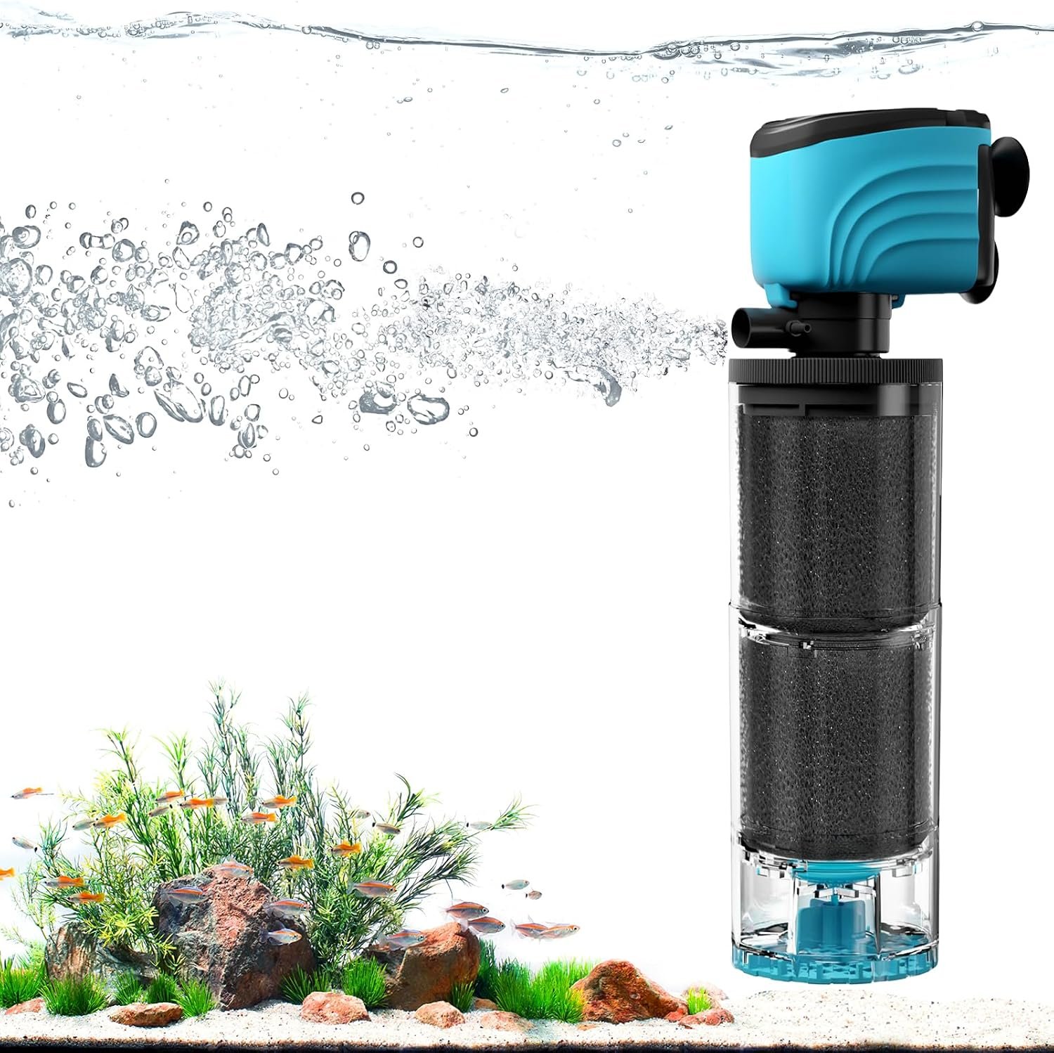 Submersible Aquarium Filter, Upgraded 50-150 Gallon Fish Tank Filter with Fish Guard, 220GPH Internal Whisper Pump, Fresh/Saltwater, Debris Tray, Check Valve, 12-Inch