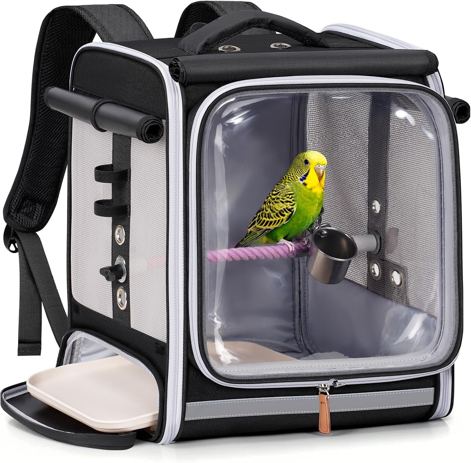 Mancro Bird Carrier Backpack for Small Birds, Cockatiel, Parrot | Bird Backpack with Tray and Standing Perch, Bird Travel Carrier Cage with Clear Window & Breathable Mesh Front for Vet Visits