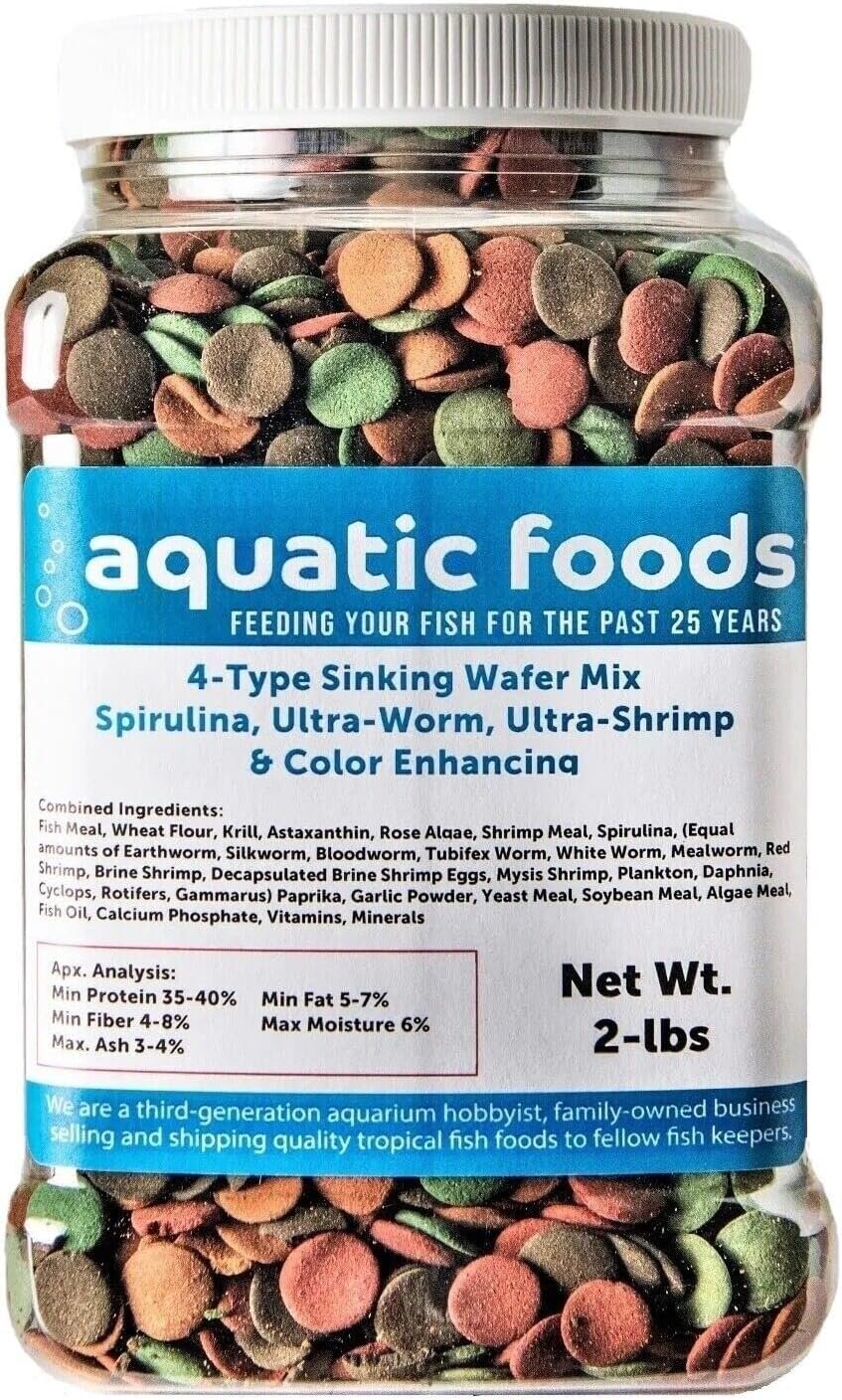 4-Type 12mm-1/2″ Sinking Wafer Mix for Bottom Fish, Tropicals, 2-lb Md Jar | Spirulina-Algae, Ultra-Worm, Ultra-Shrimp, Color Enhancing Wafers For Shrimp, Snails, Crabs, Crayfish, All Tropical Fish