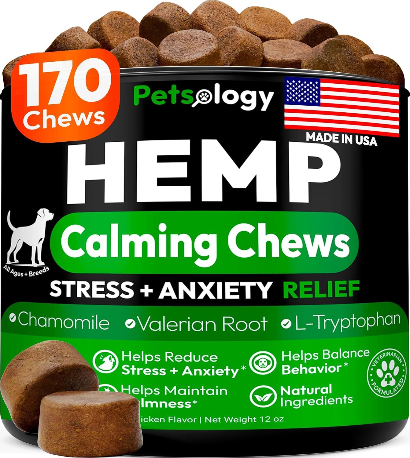 Hemp Calming Chews for Dogs – 170 Dog Calming Chews – Anxiety Relief Treats – Advanced Stress Relief Supplement, Separation Aid, Barking, Fireworks, Melatonin – Hip & Joint Support – Made in USA