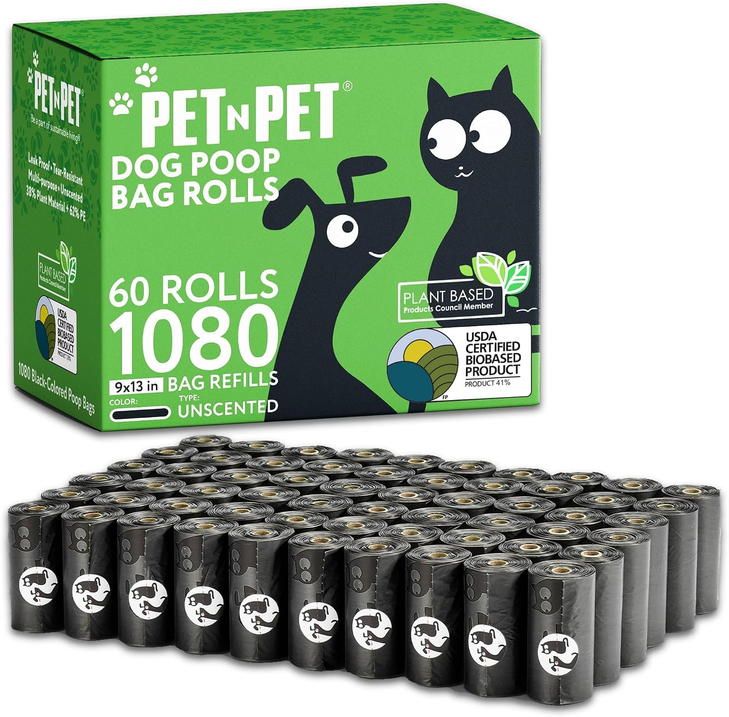 Pet N Pet Poop Bags for Dogs, 1080 Count, Plant Based, Black 9×13 Thick | 41%, 59% PE, Extra, Rolls, Unscented, Waste, Leak-Resistant, Tear-Resistant, Easy-Tear Design, Durable, dog waste bags