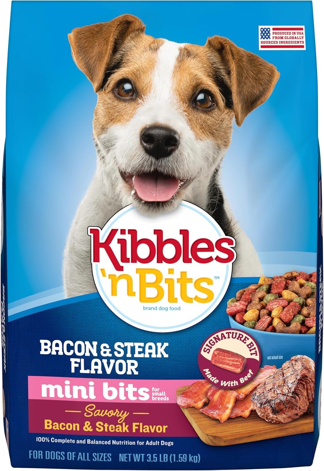 Kibbles ‘n Bits Mini Bits Small Breed Dry Dog Food, 3.5 lb. Bag | Complete & Balanced Nutrition Formulated For Small Adult Dogs Crafted With Easy-To-Chew Bites Of Savory Bacon & Steak Flavors