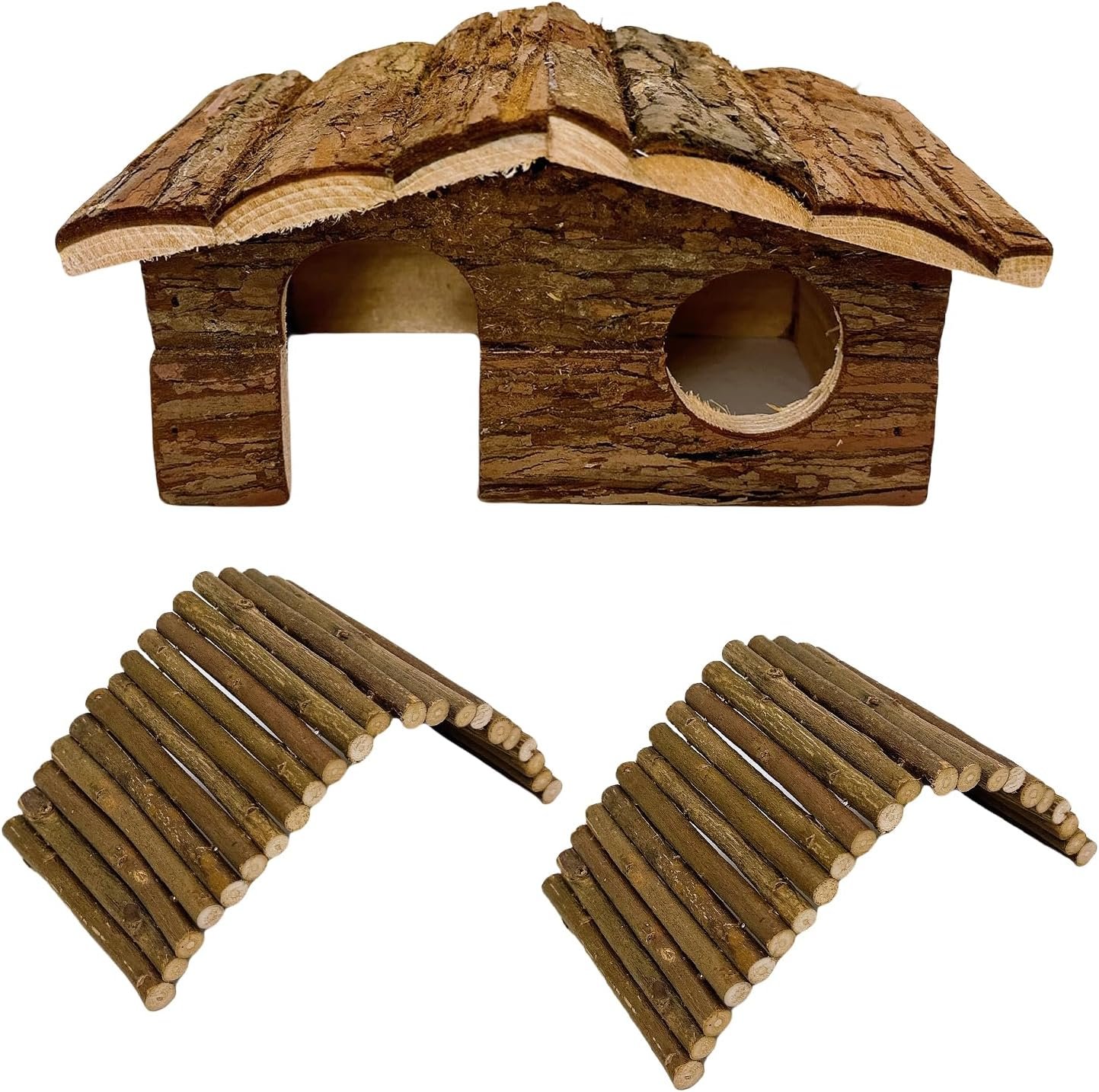 Hamiledyi Hamster Hideout Small Wooden House Natural Wood Hut Hamster Bridge for Dwarf Hamster Playing Hiding