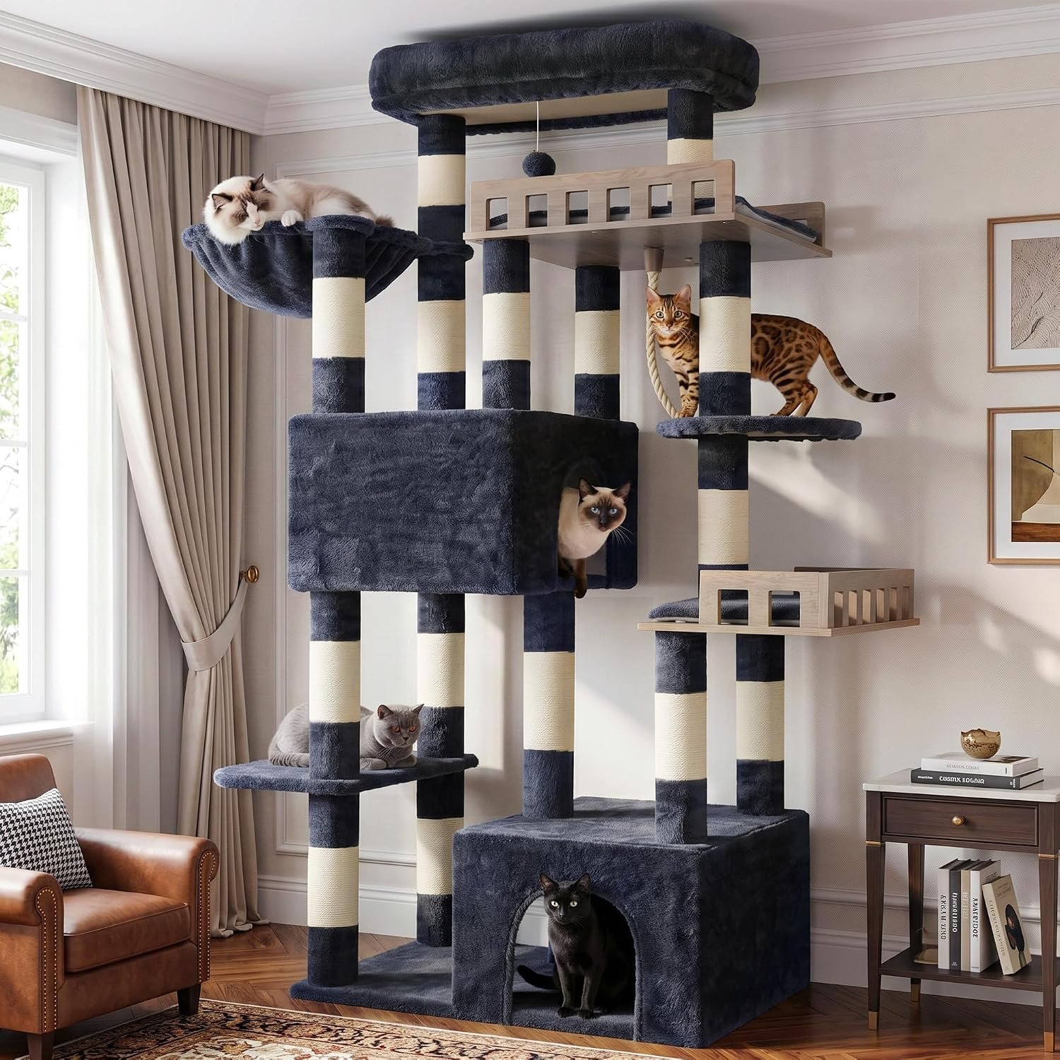 Maine Coon Cat Tree, Heavy Duty Cat Tower for 20 lbs+, GCT033G | 2 Large Condos, 15 Scratching Post, Big Top Perch, 2 Safe Railing Wooden Platform , Hammock, Indoor Cats Adult, Smoky Gray