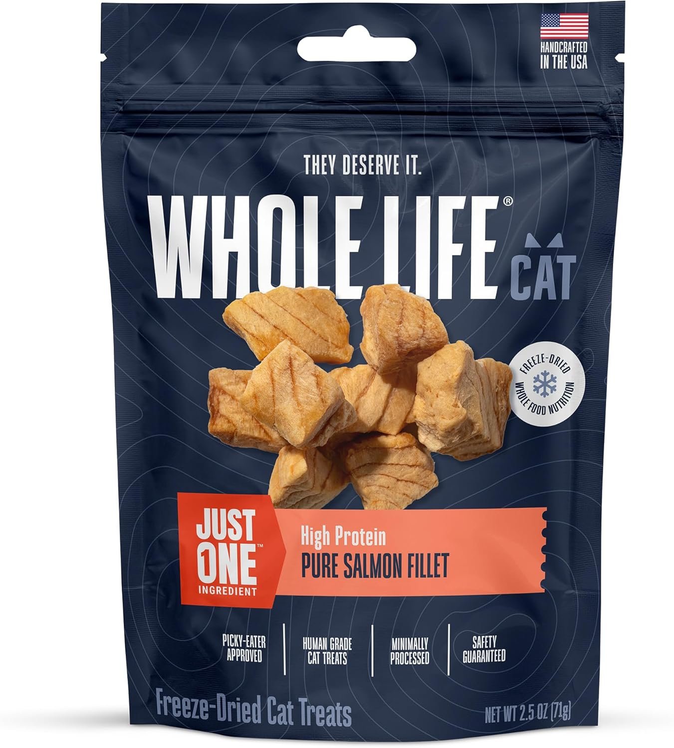 Whole Life Cat Just One Salmon Freeze Dried Cat Treats – Human Grade High Protein Food, Healthy Training Snacks, Freeze Dried Salmon Food Toppers, USA Made Natural Treats – 2.5 oz (Pack of 1)