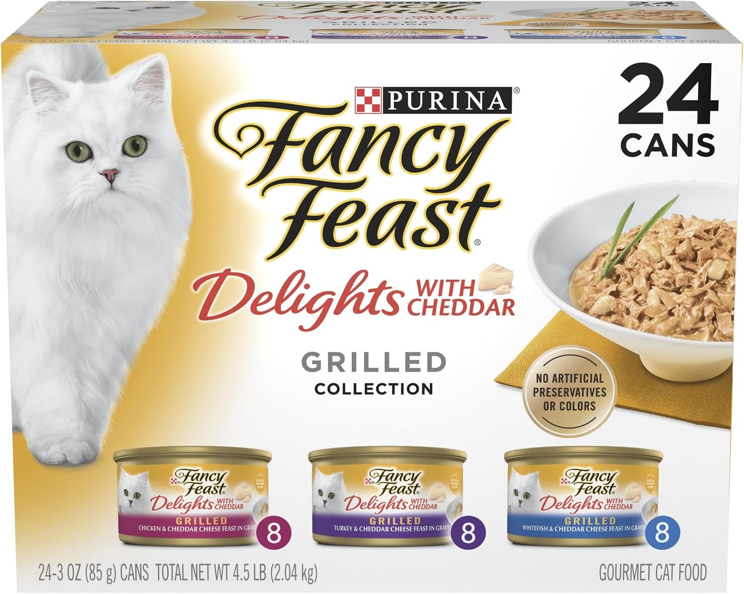 Purina Fancy Feast Delights with Cheddar Wet Cat Food, 3 oz cans, 24-Pack | Grilled Chicken, Turkey or Whitefish in Gravy recipes with no artificial colors or preservatives