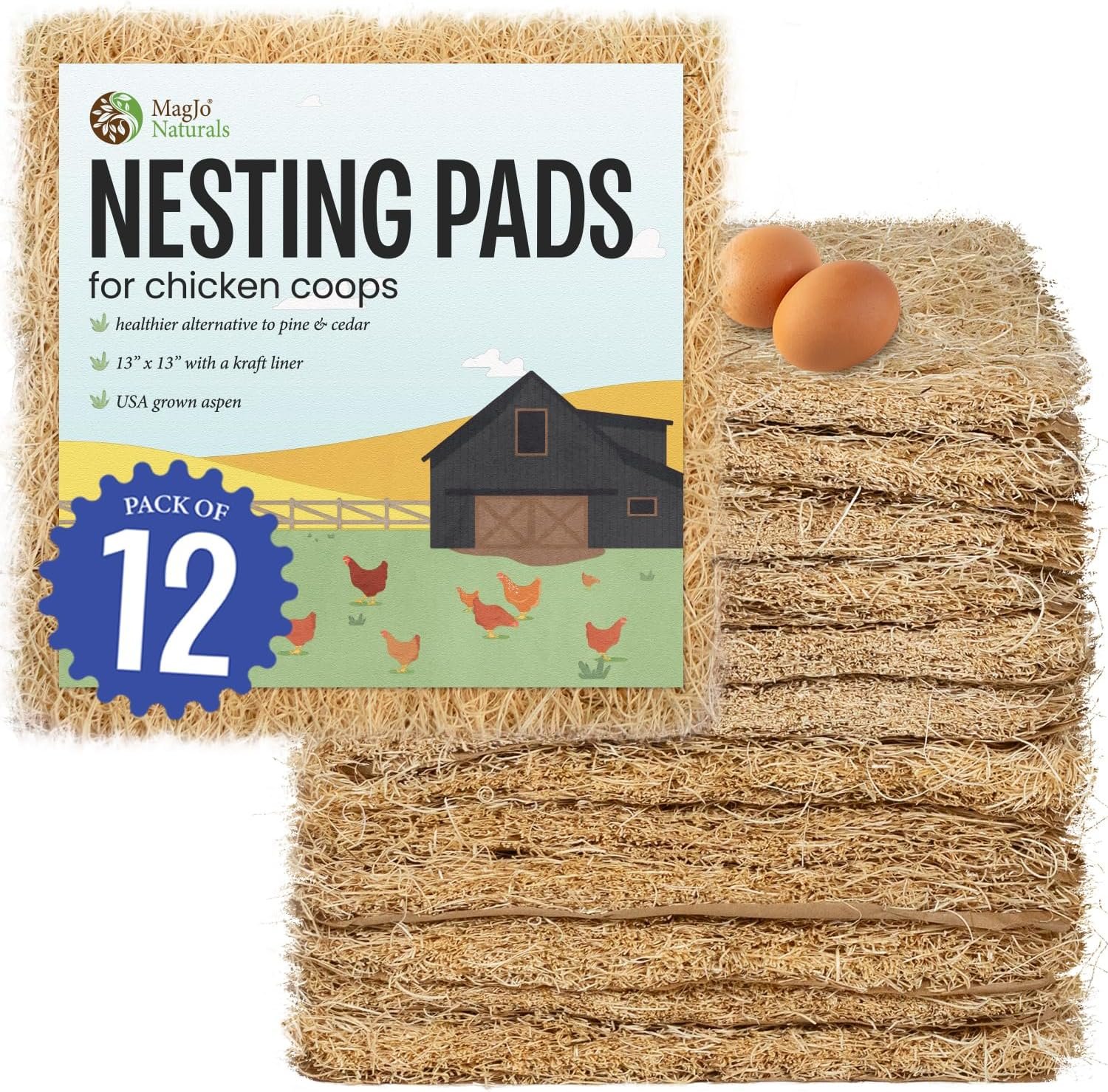MagJo Aspen Nesting Pads for Chicken Coops – USA Grown Aspen Excelsior Nest Box Liners 13×13-12 Pack