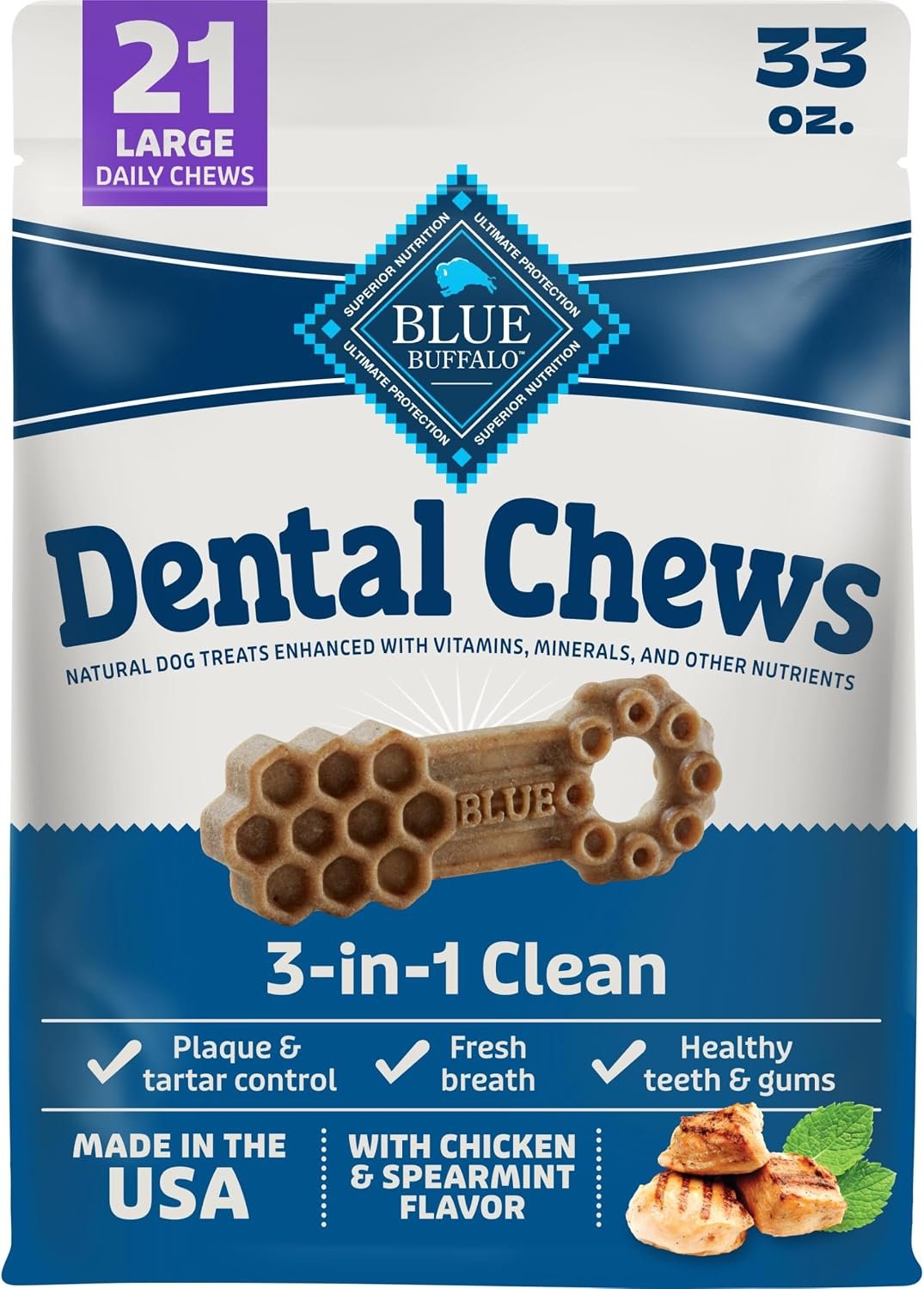 Blue Buffalo Chicken & Spearmint Large Dental Chews, 33 oz, 21 ct | 50 Ridges & Grooves Fight Plaque & Tartar, Spearmint Freshens Breath, Natural Ingredients