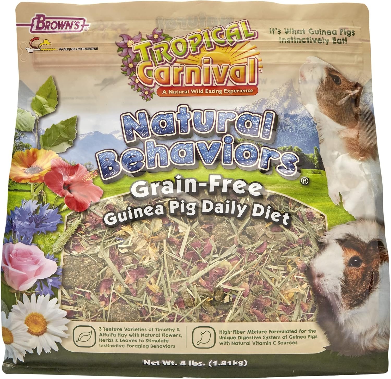 Tropical Carnival Natural Behaviors Grain-Free Guinea Pig Food – 4 Pounds, High-Fiber Timothy Hay Blend with Flowers & Leaves, Supports Natural Foraging, Chewing, and Digestive Health, Added Vitamin C