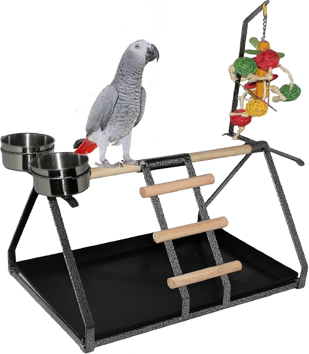 Parrot Bird Perch Table Top Stand Metal Wood 2 Steel Cups Play for Medium and Large Breeds 17.5″ x 12.5″ x 11″