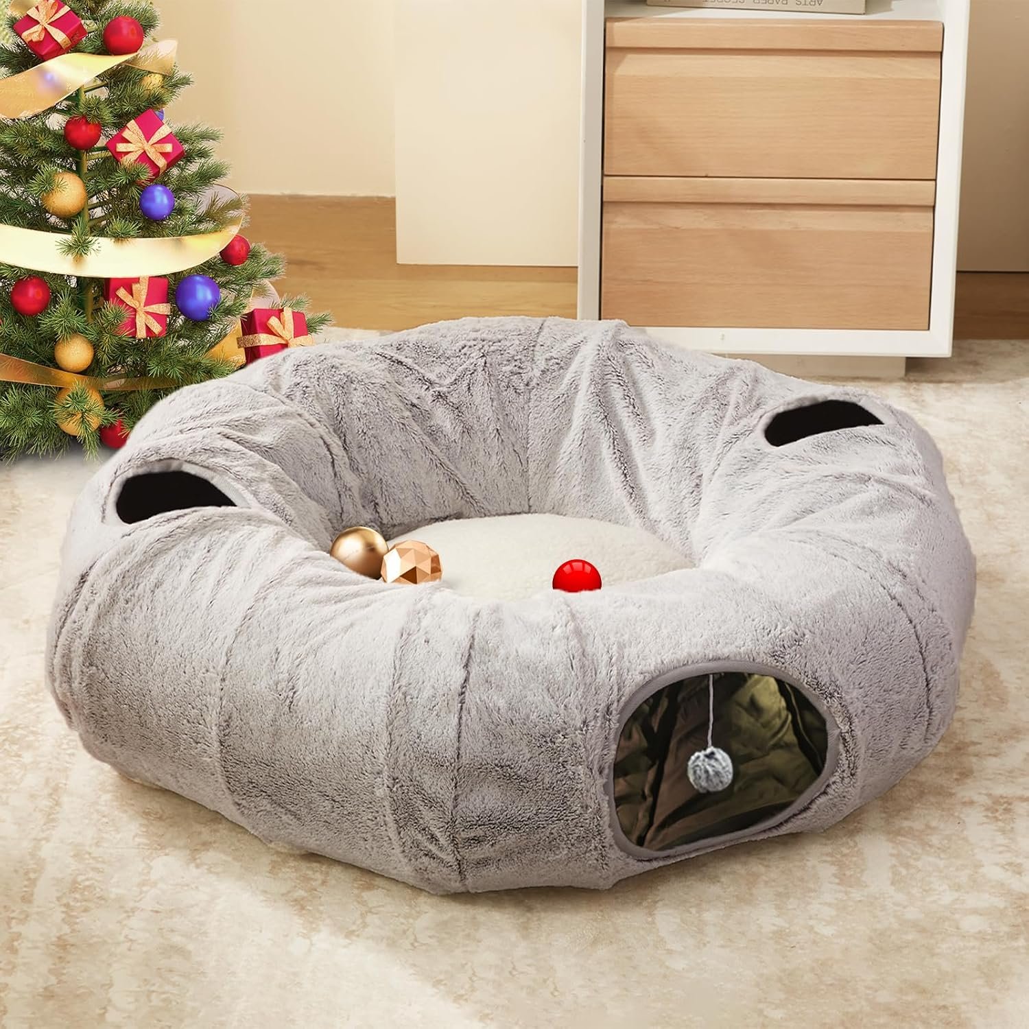WINDRACING Cat Tunnel Bed for Indoor Cats – Cute Cat Donut Tunnel with Washable Circle Cushion, Round Pet Play Toy for Kitten/Puppy/Rabbit, Grey