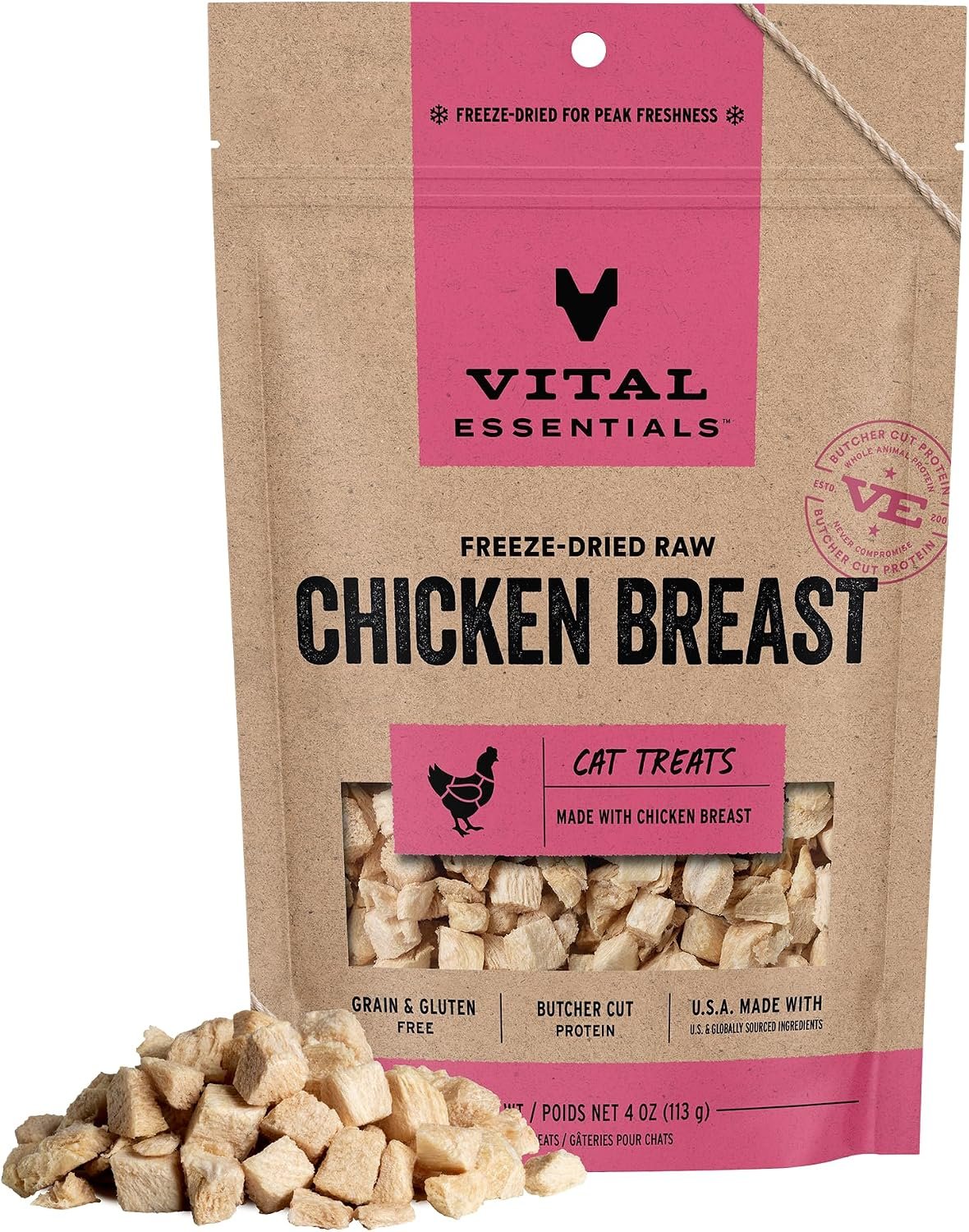 Vital Essentials Freeze Dried Cat Treats, Chicken Breast, 4 oz Bag | Single Ingredient, Premium Quality Protein, Grain-Free Healthy Treats, USA Made with U.S. & Globally Sourced Ingredients