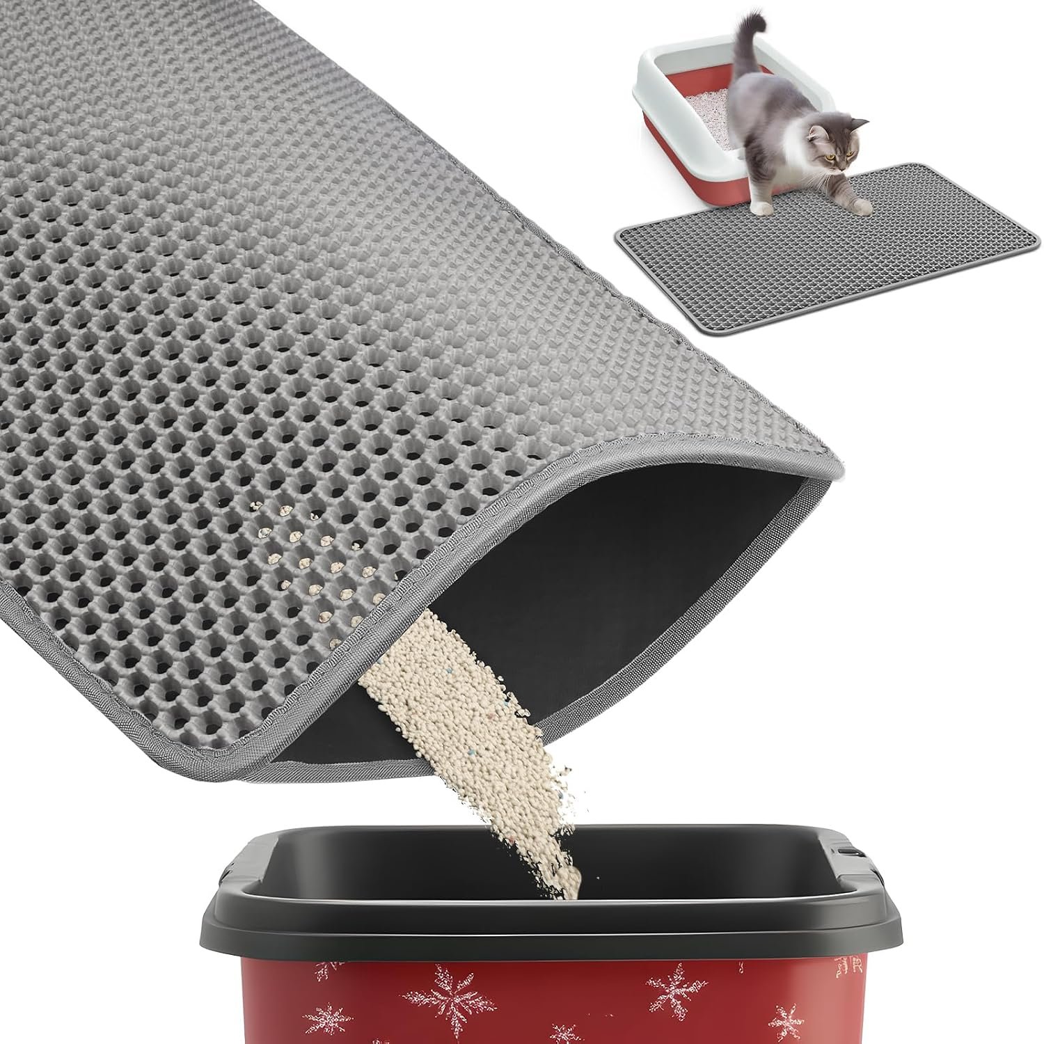 Powools Ultra-Large Cat Litter Mat, 27” x 19″, Double-Layer, Grey | Urine-Proof, Non-Slip Litter Trapping Mat, Easy to Clean, Kitty Litter Mats for Floor, Scatter Control