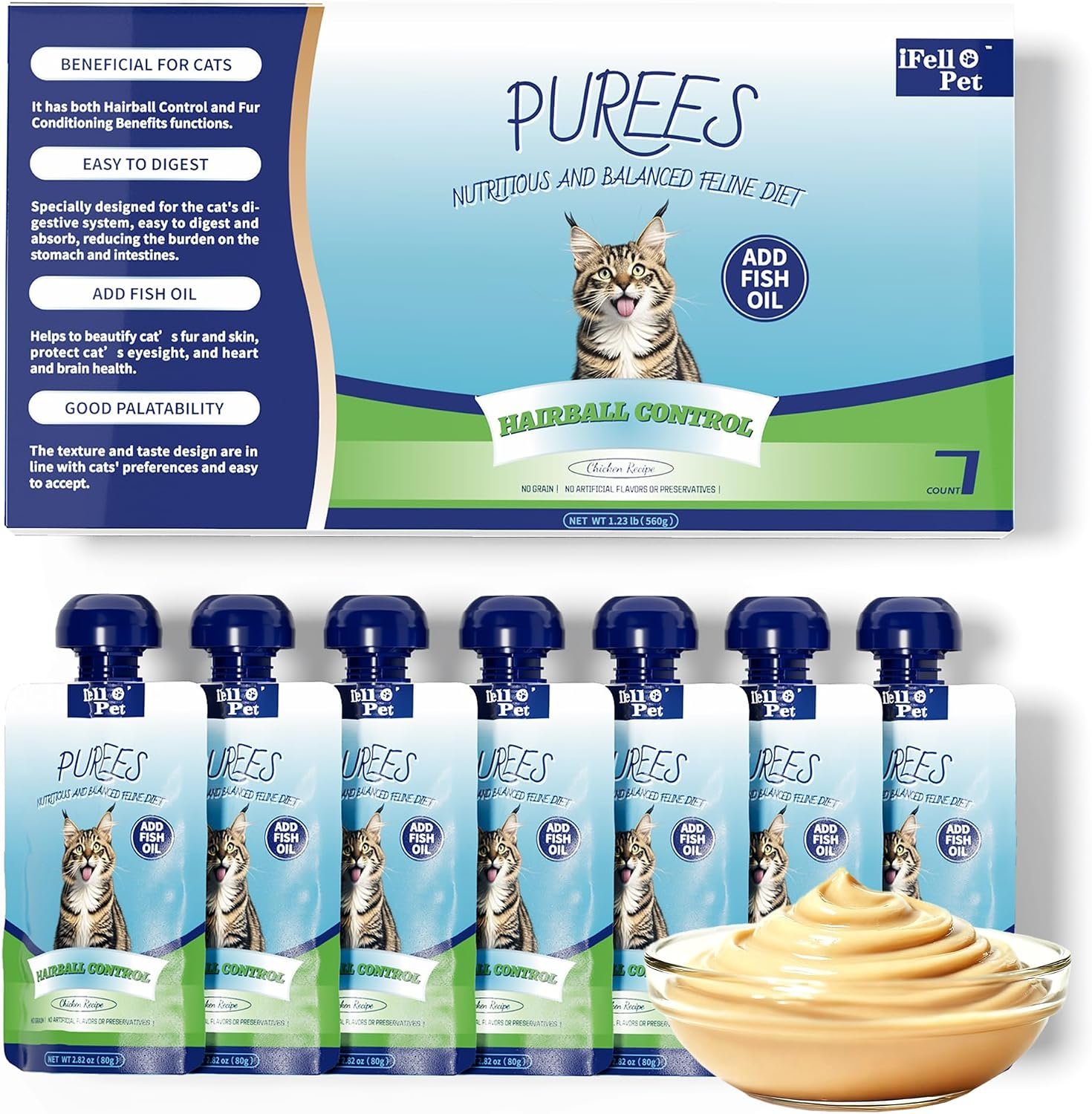 Cat Hairball Remedy Treats – Squeezable Puree Functional Cat Hairball Treats & Meal Topper for Hair Ball Control – Chicken Tuna Blend without Fish Oil Grain, 2.8 oz x 7 Pouches (19.7 oz Total)