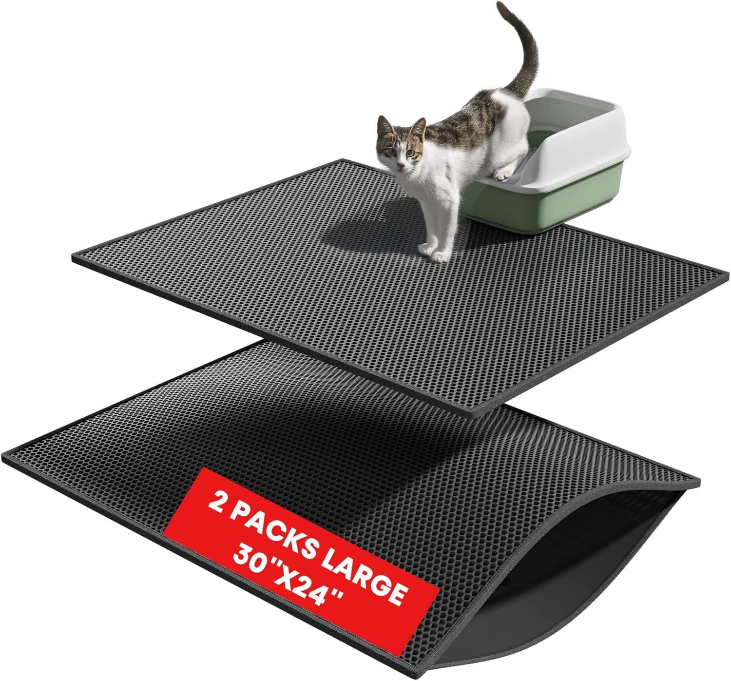 Pieviev Double Layer Cat Litter Mat Traps Scattered Litter 30”x24” 2 Pack | Waterproof Urine Resistant Layer Litter Box Mat, Easy Collection, Soft on Kitty Paws, Black Color for Indoor Cats