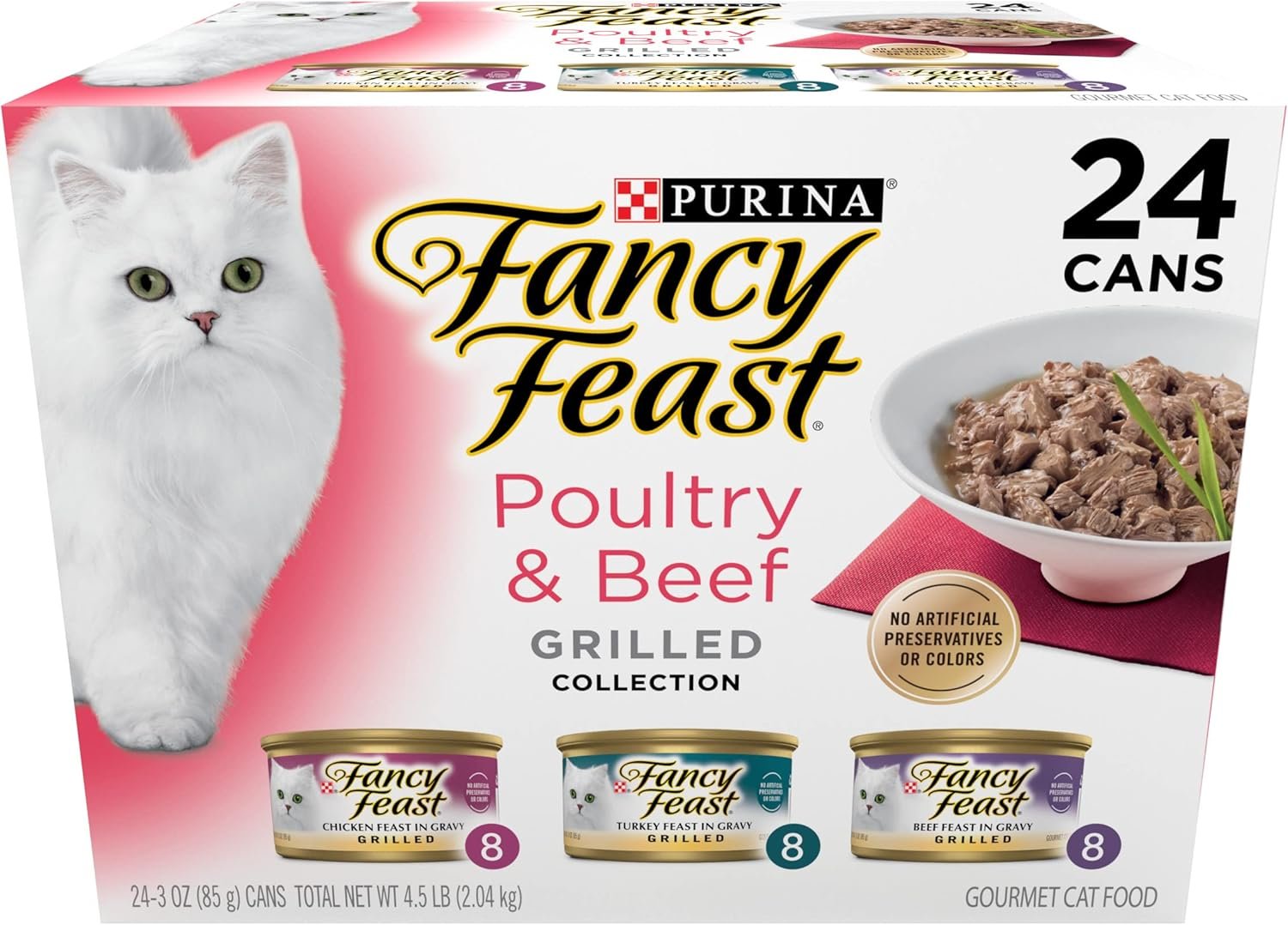 Purina Fancy Feast Poultry & Beef Wet Cat Food Variety Pack, 3 oz, 24-Pack | Recipes with grilled texture and no artificial colors or preservatives. 100 percent complete and balanced.