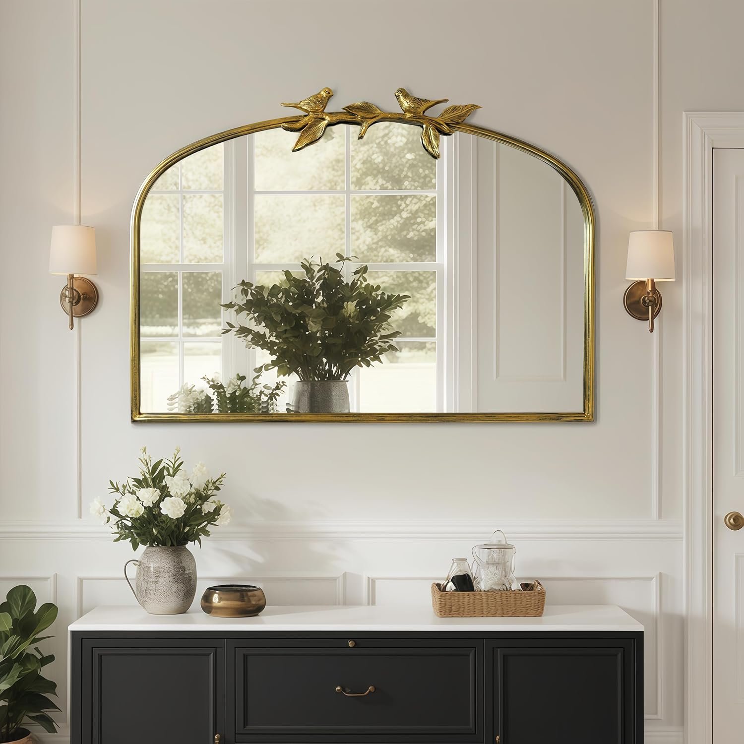 Horizontal Gold Vintage Mirror – 36×25.5 Inch, Arched Antique Mirror with Ornate Frame for Bathroom, Living Room, Fireplace, Entryway