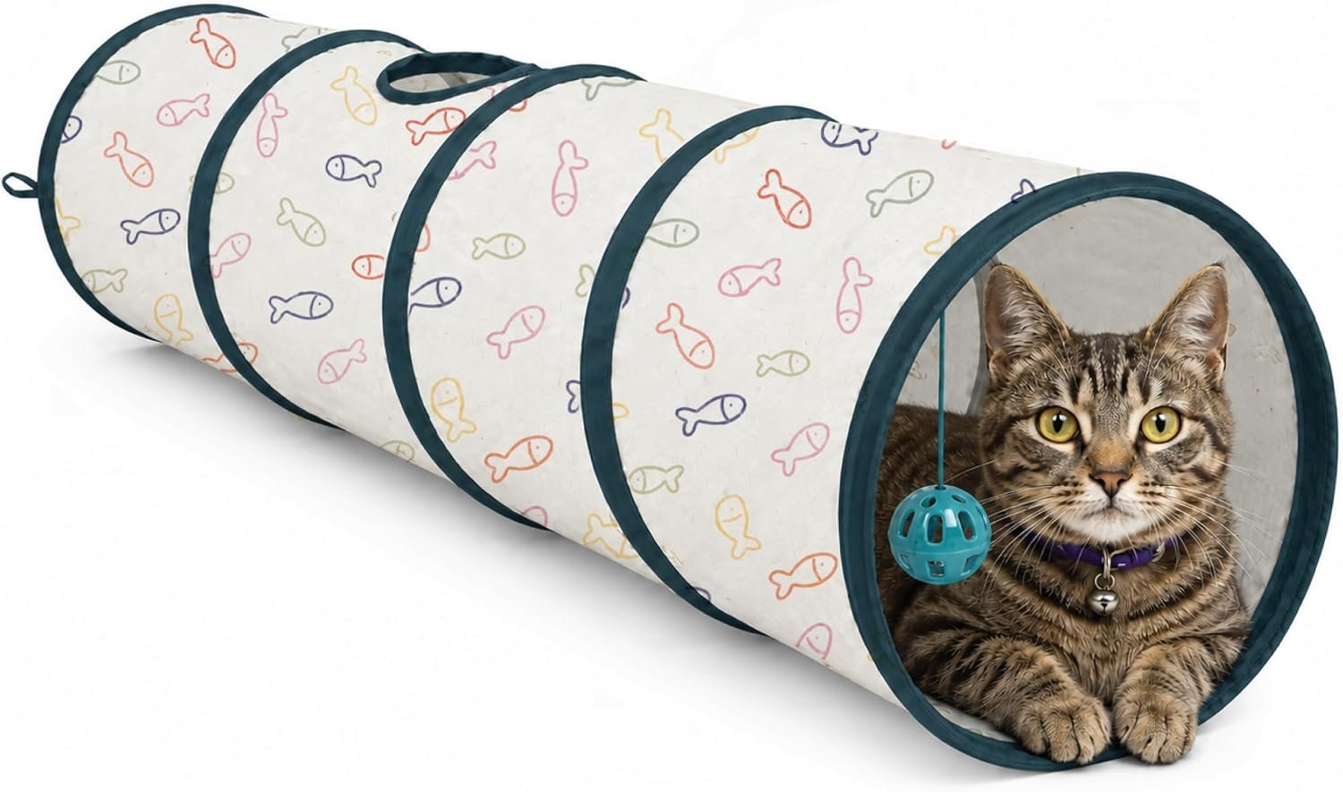 ASPCA Cat Tunnel with Rattle Toy – Interactive Collapsible Cat Tunnel for Indoor Cats, Crinkle Play Tunnel with Hanging Rattle Toy, Encourages Hiding, Chasing, Pouncing & Active Play, Fish Printed