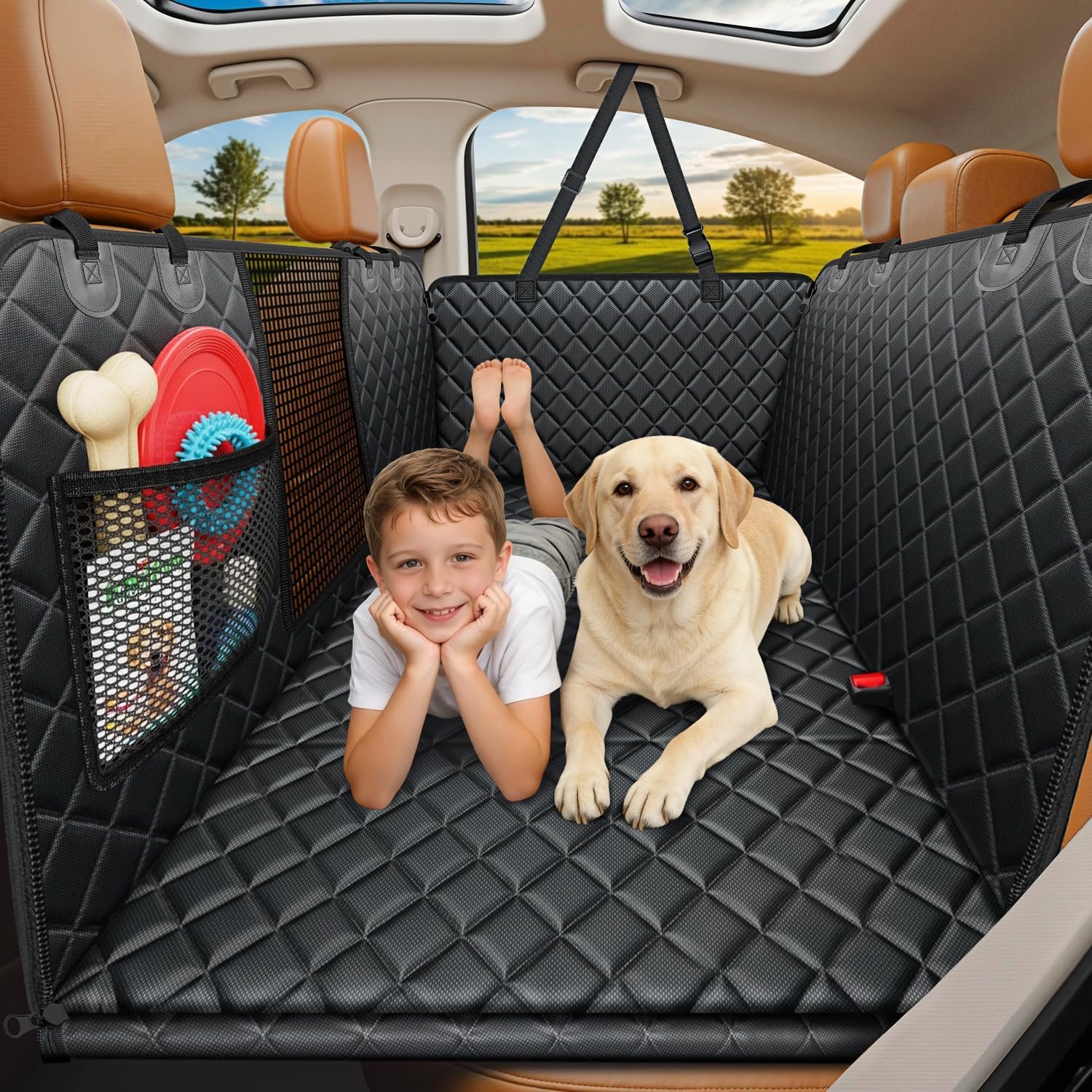 URPOWER Hard Bottom Dog Car Seat Cover, Back Seat Extender for Cars & SUVs | 400 lbs Support, 45% More Space, Waterproof, Mesh Window, Scratch Resistant, Non-Slip, Easy Care, Dog Seat Belt Included